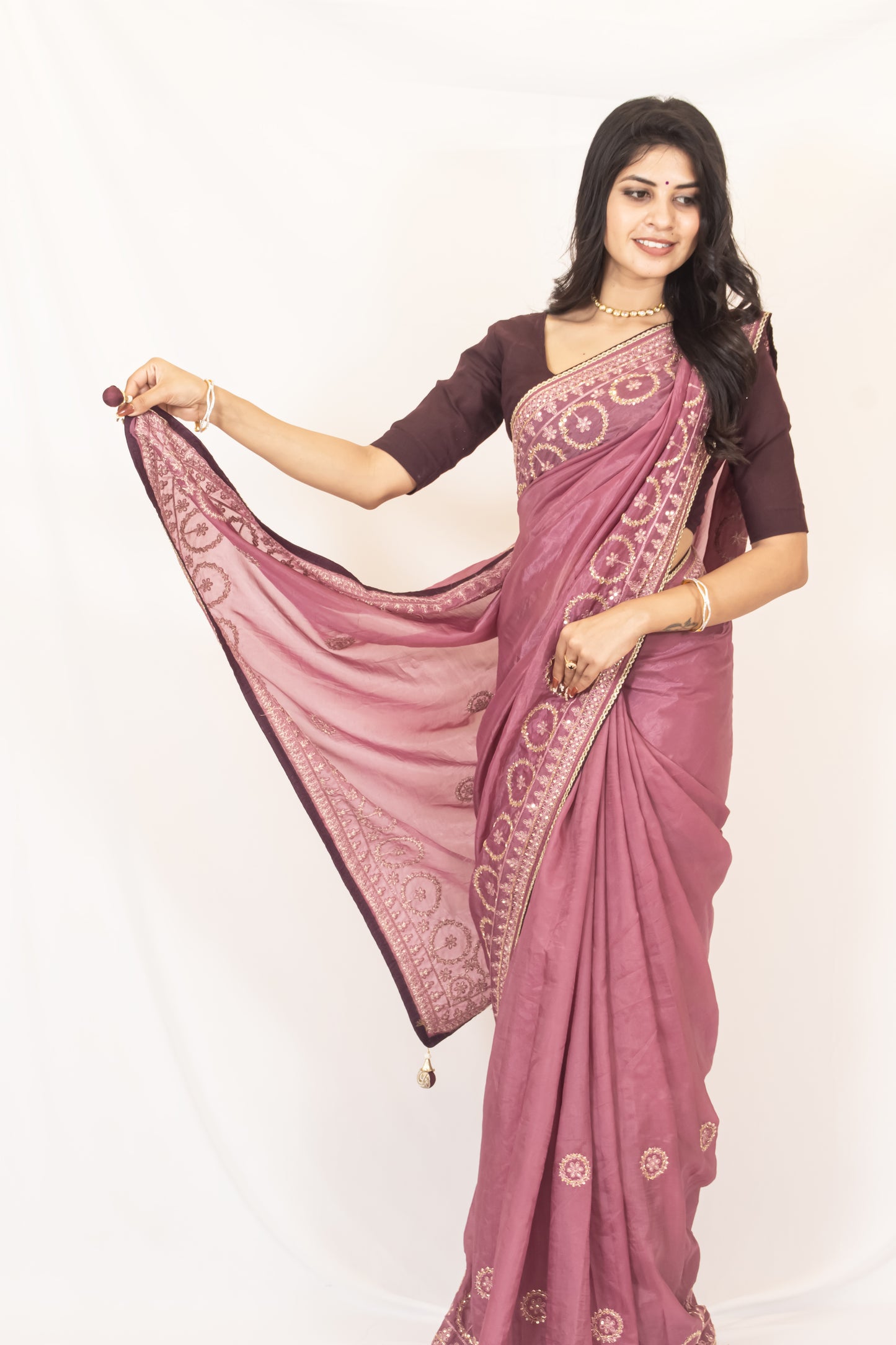 Glamorous Onion Pink Crush Chinon Chiffon Saree with Zari, Sequence & Cardana Accents