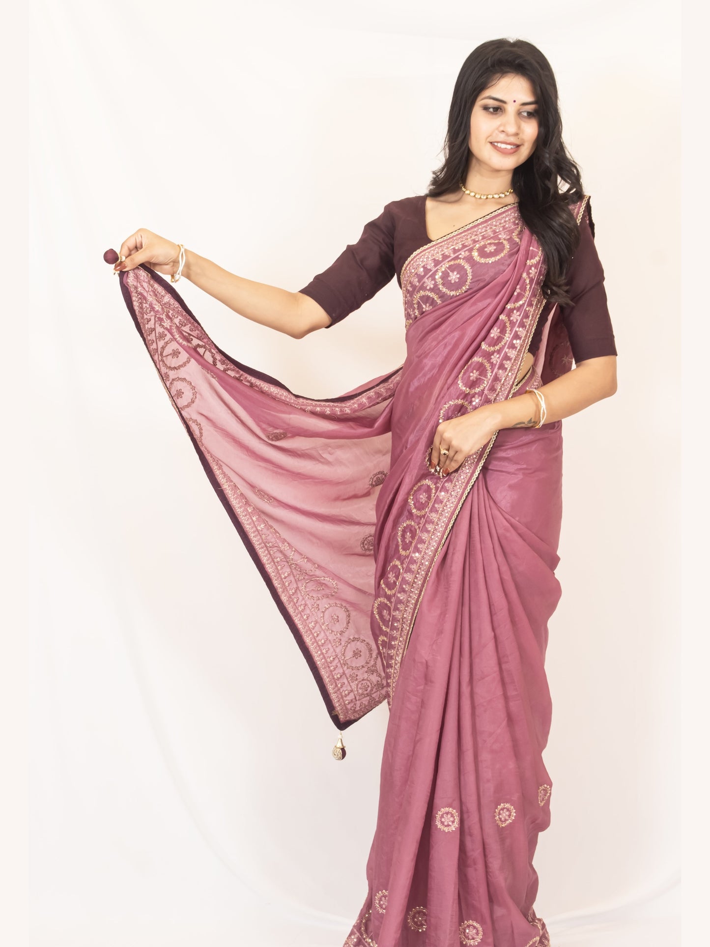 Glamorous Onion Pink Crush Chinon Chiffon Saree with Zari, Sequence & Cardana Accents