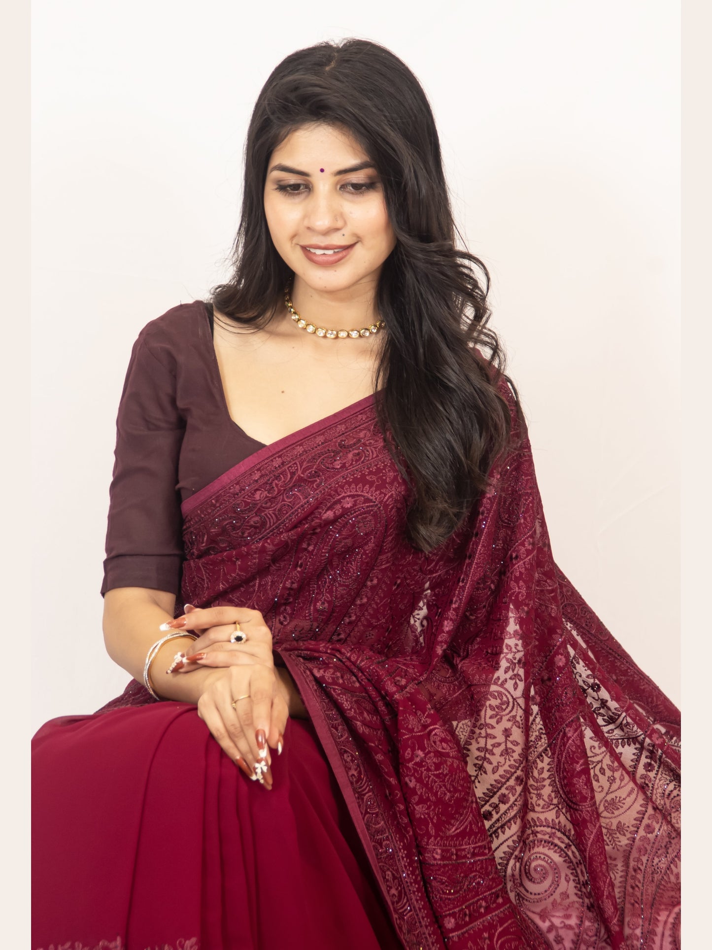 Exquisite Wine Georgette Saree with Resham Work & Swarovski Embellishments