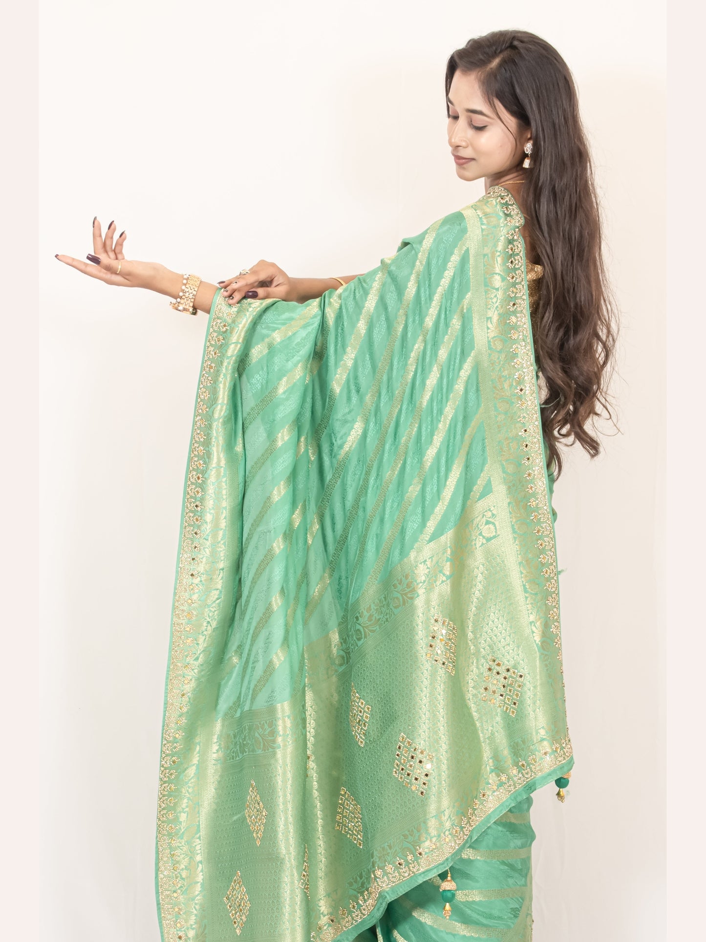 Elegant Pista Green Crape Silk Saree with Swarovski, Zari, and Mirror Work | Matching Blouse Included