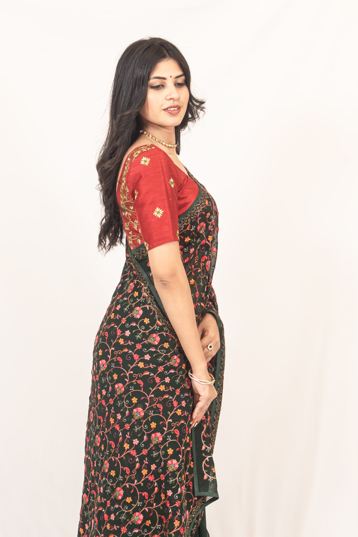 Sophisticated Bottle Green Georgette Saree with Resham & Swarovski