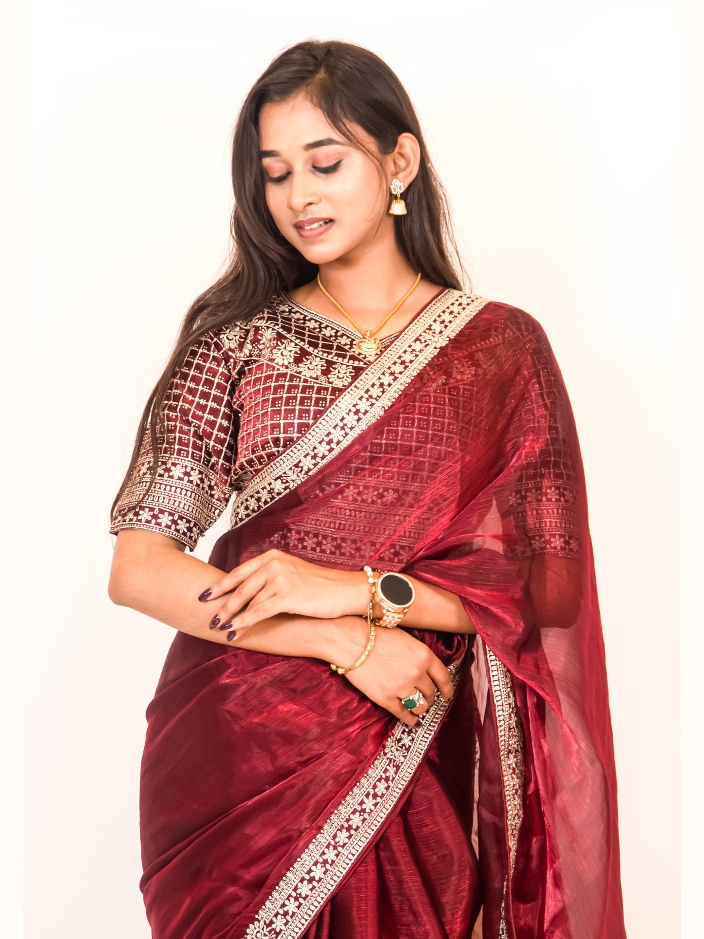 Classic Maroon Chinon Chiffon Saree with Premium Heavy Blouse