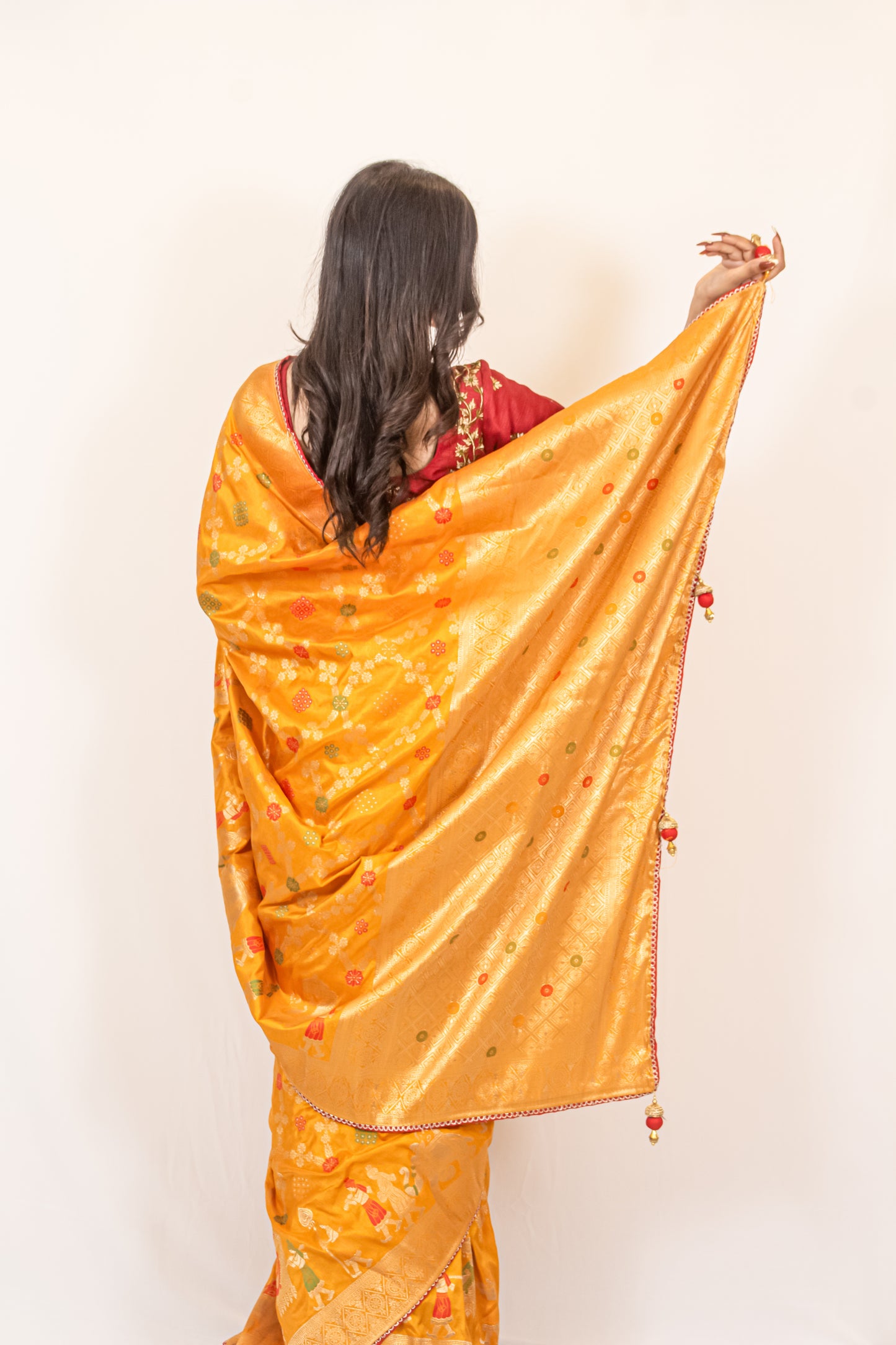 Traditional Dola Silk Mustard Yellow Ghatchola Saree with Rich Detailing