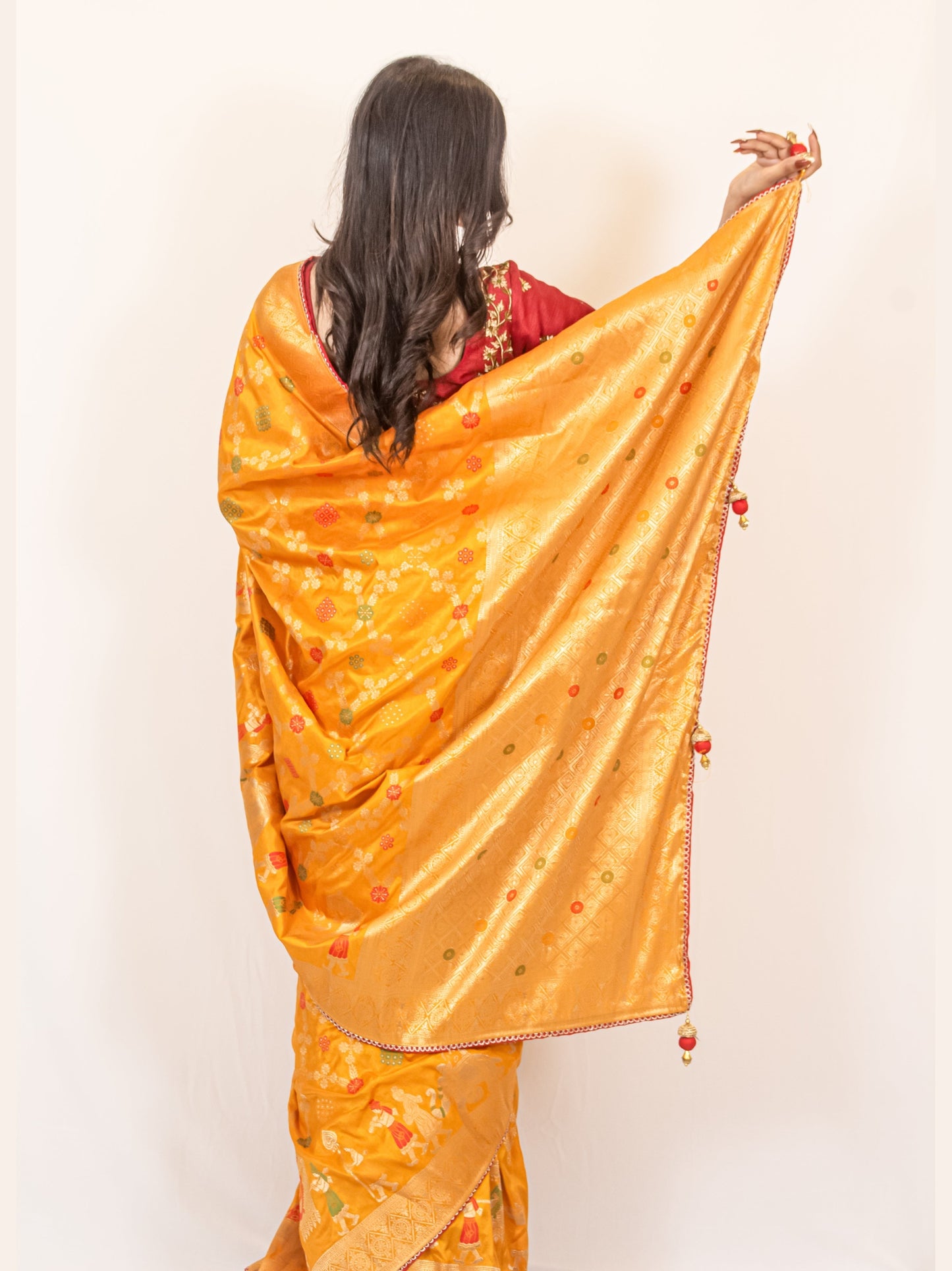 Traditional Dola Silk Mustard Yellow Ghatchola Saree with Rich Detailing