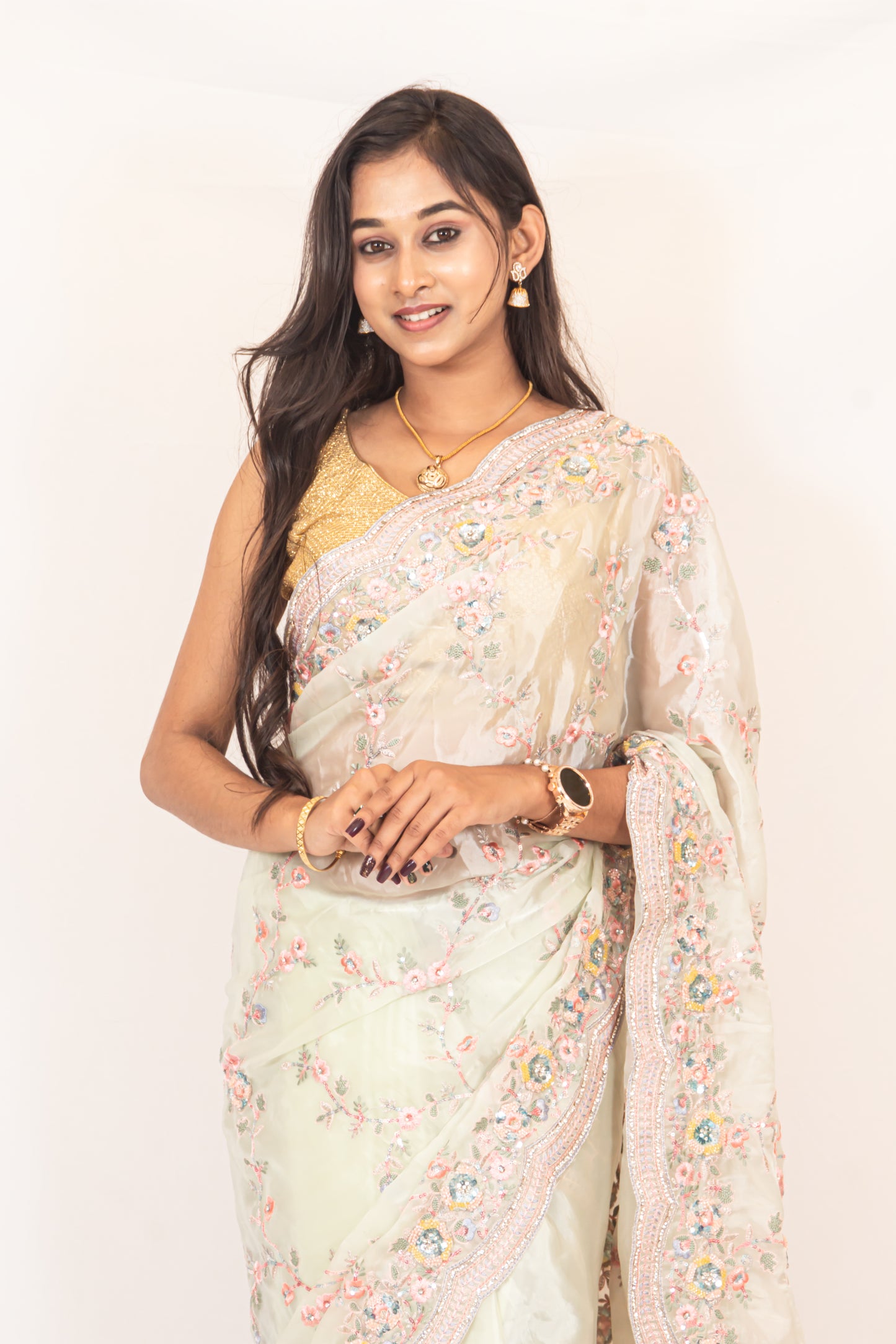 Cream White Saree with Floral Thread Work – Elegant & Timeless.