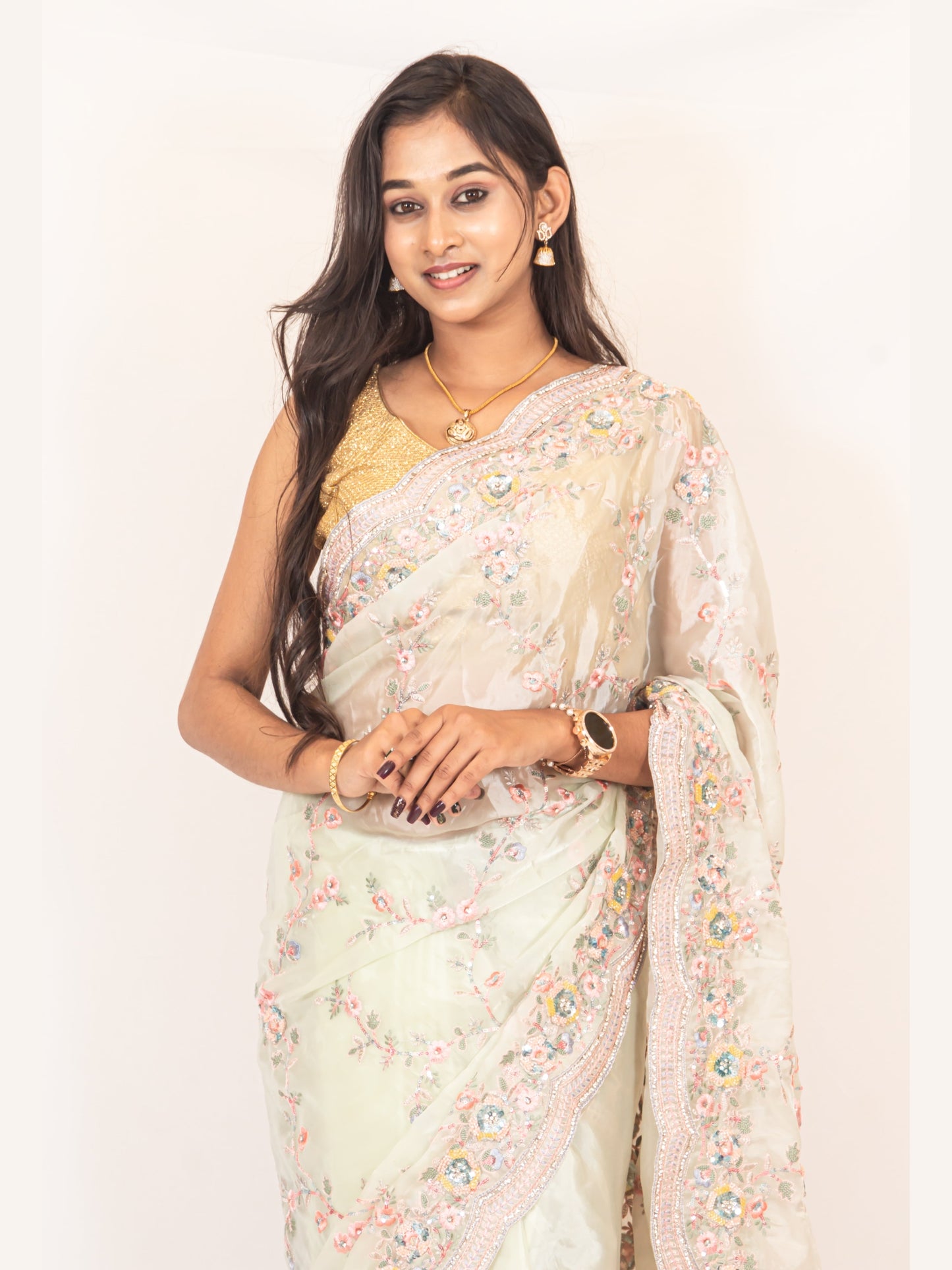 Cream White Saree with Floral Thread Work – Elegant & Timeless.