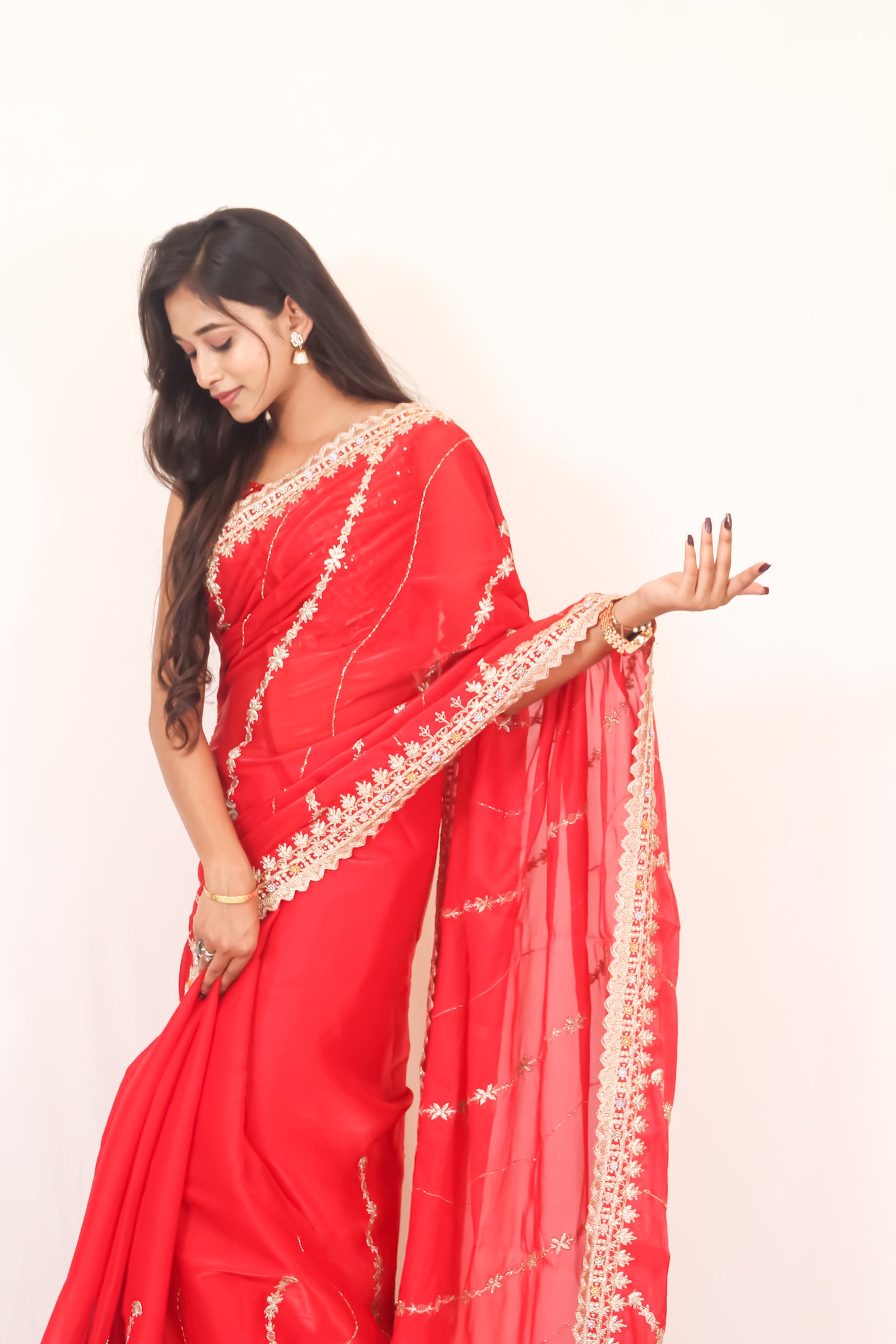 Deep Red Organza Saree with Golden Zari & Stone Work, Baby Pink Blouse