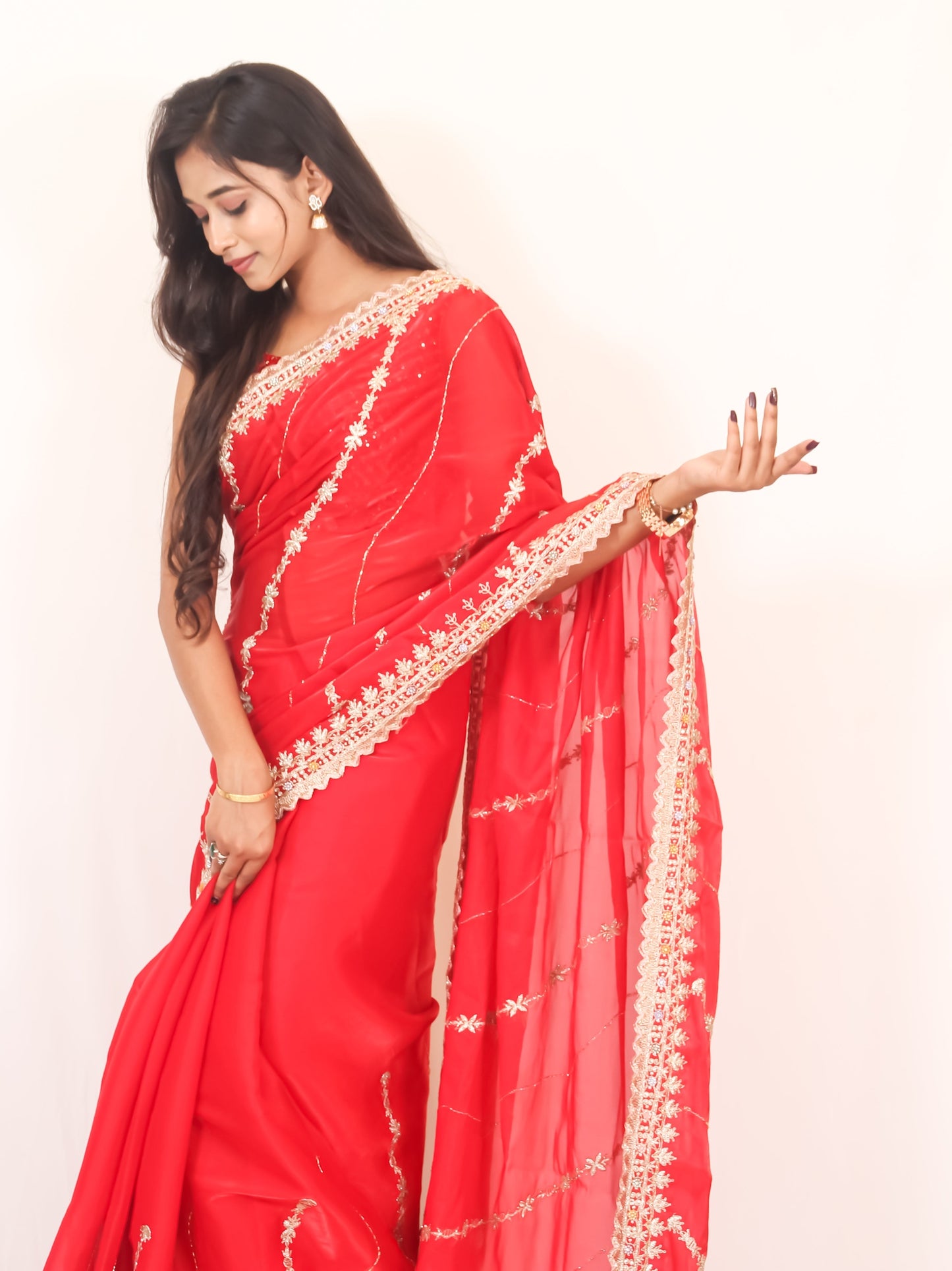 Deep Red Organza Saree with Golden Zari & Stone Work, Baby Pink Blouse