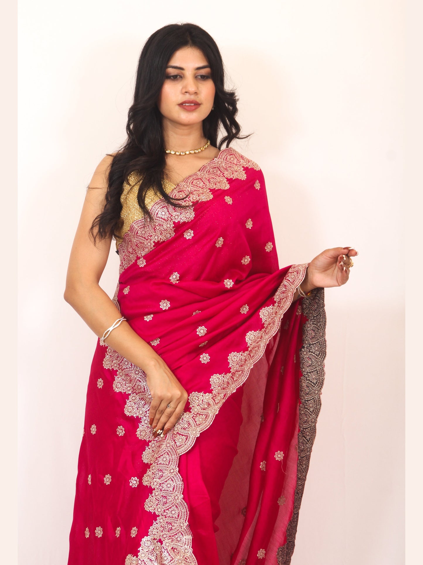 Elegant Rani Pink Vichitra Silk Saree with Golden Zari and Bota Detailing