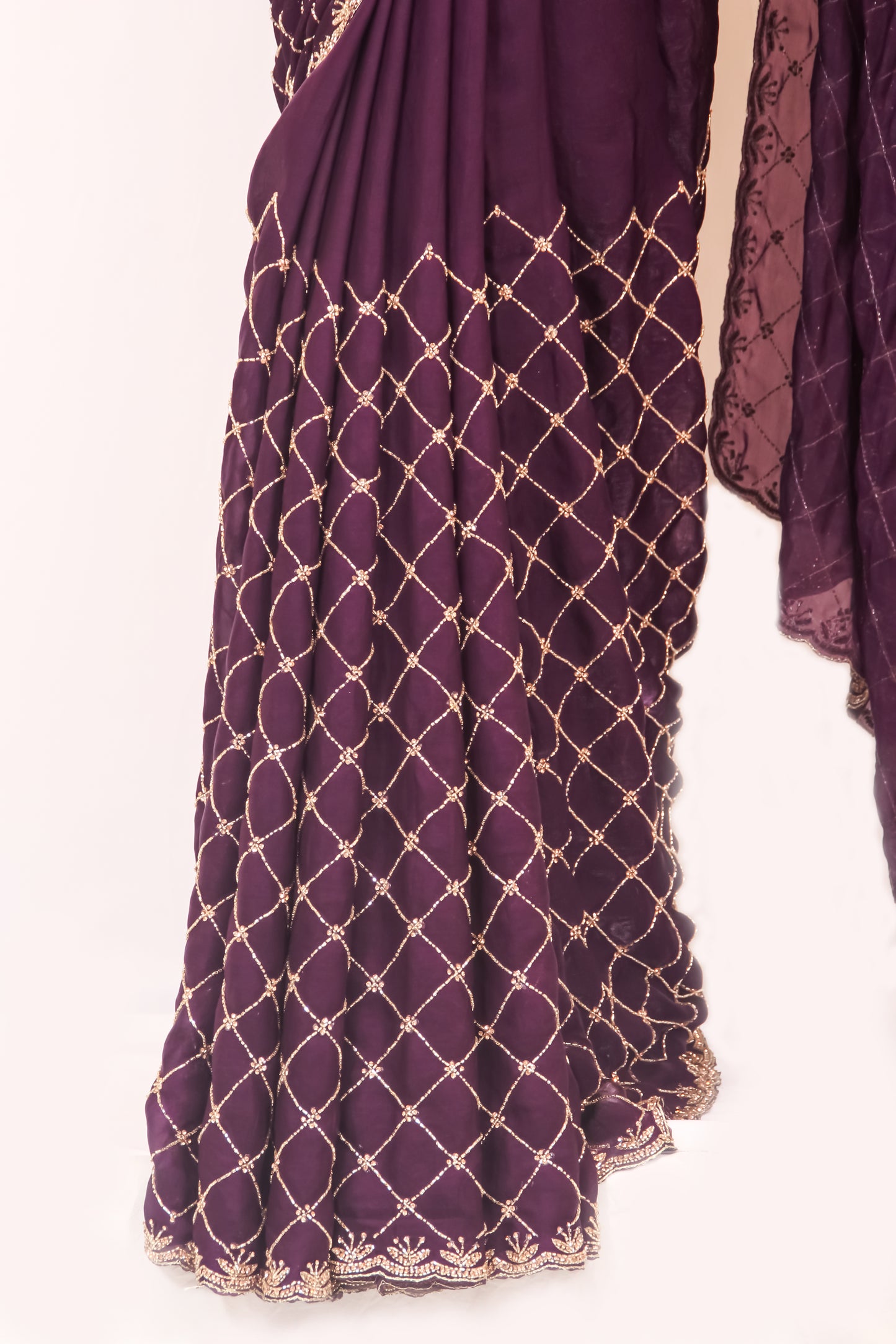 Deep Purple Velvet Chiffon Saree with All-Over Cut Dana & Stone Work