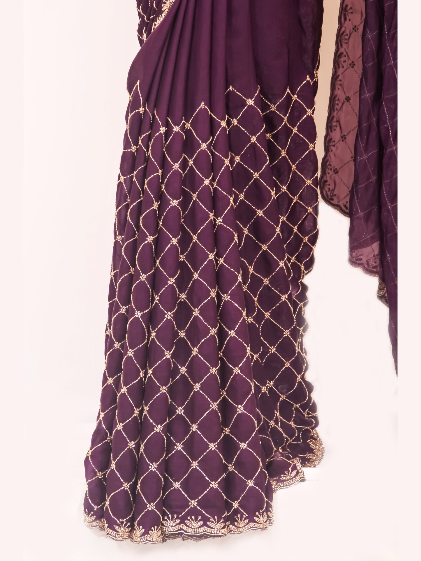 Deep Purple Velvet Chiffon Saree with All-Over Cut Dana & Stone Work