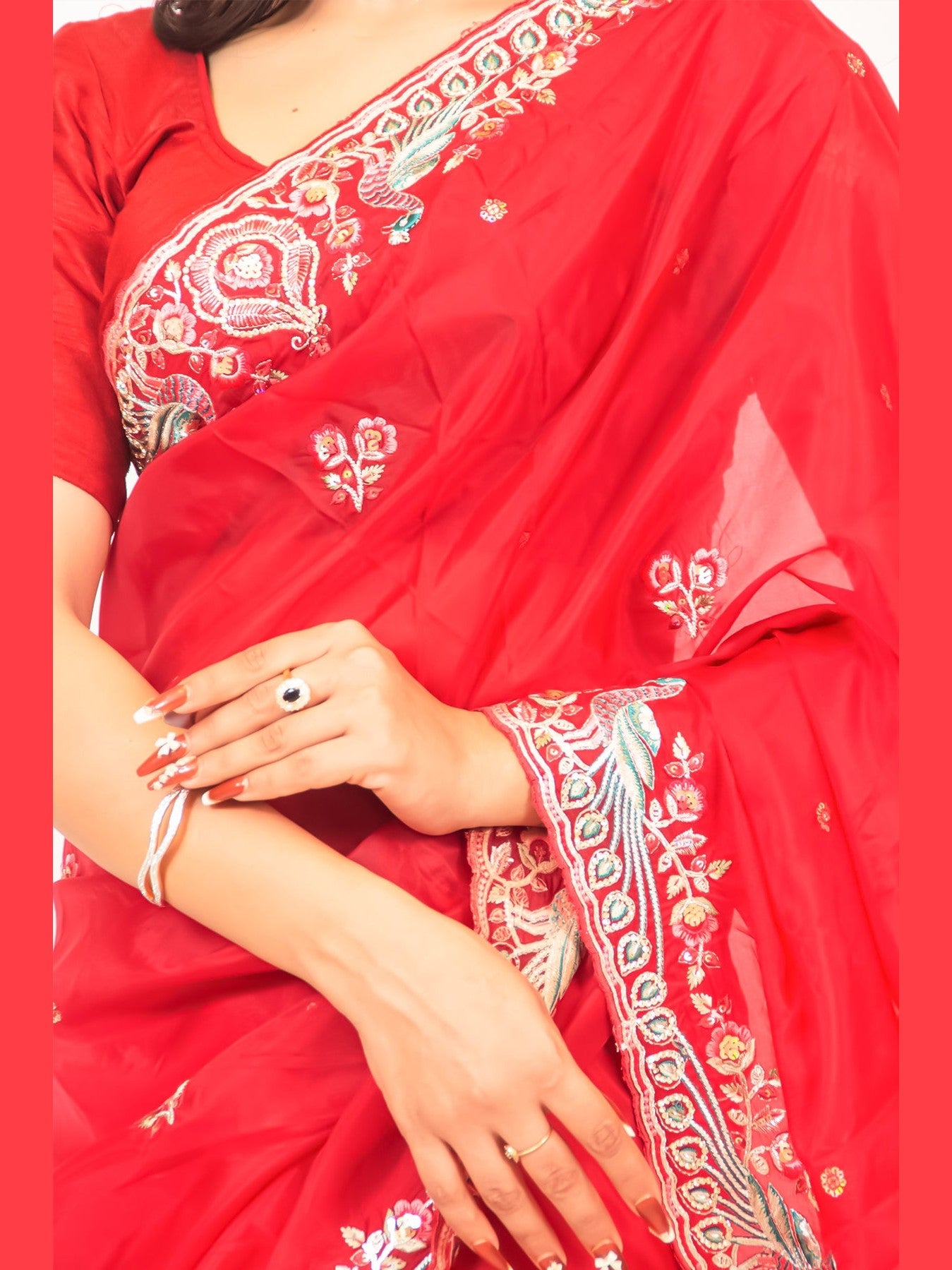 Radiant Red Organza Saree with Beautiful Thread & Zarkan Embroidery