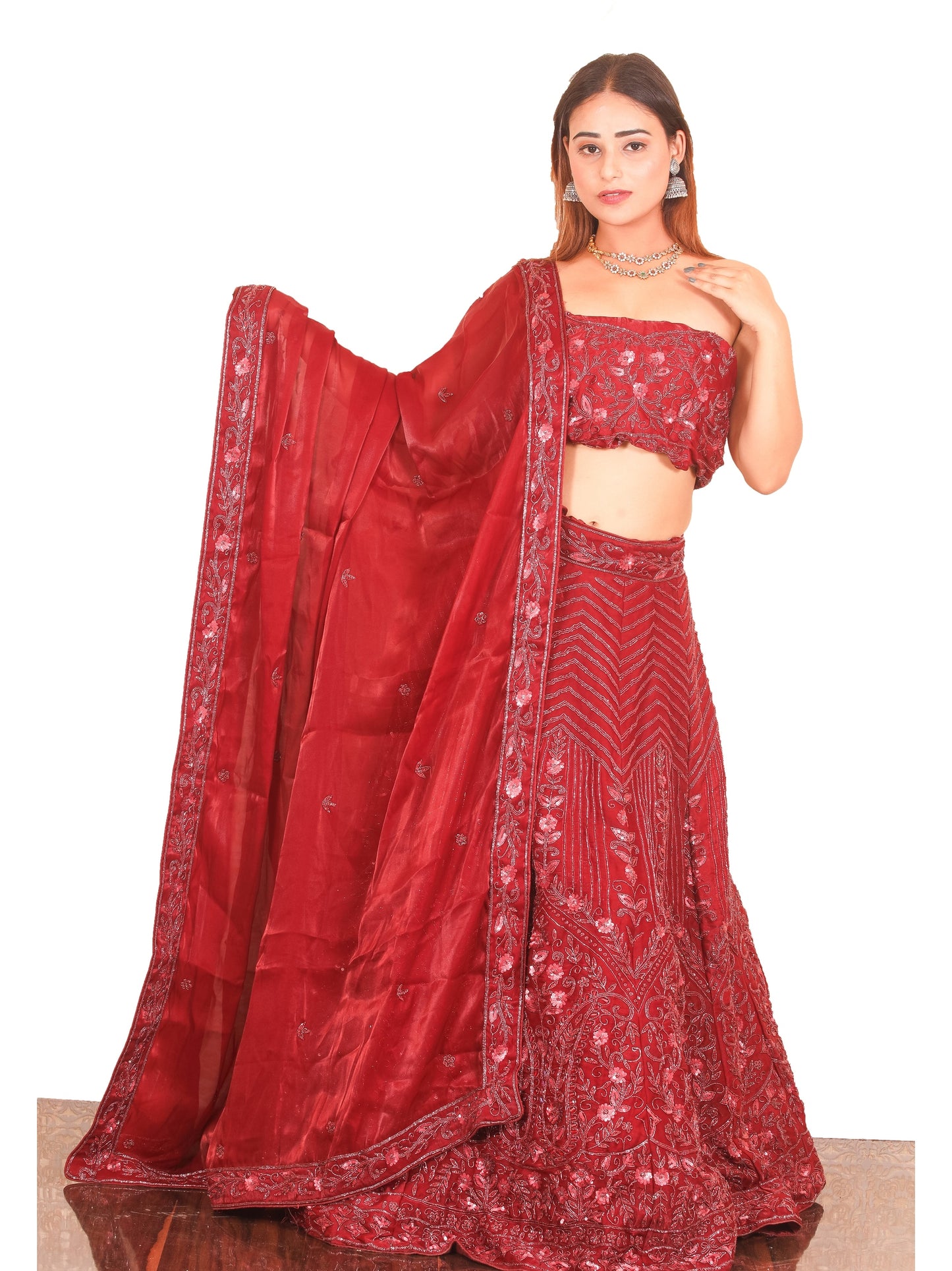 Maroon Sequence embroidery Organza Lehenga