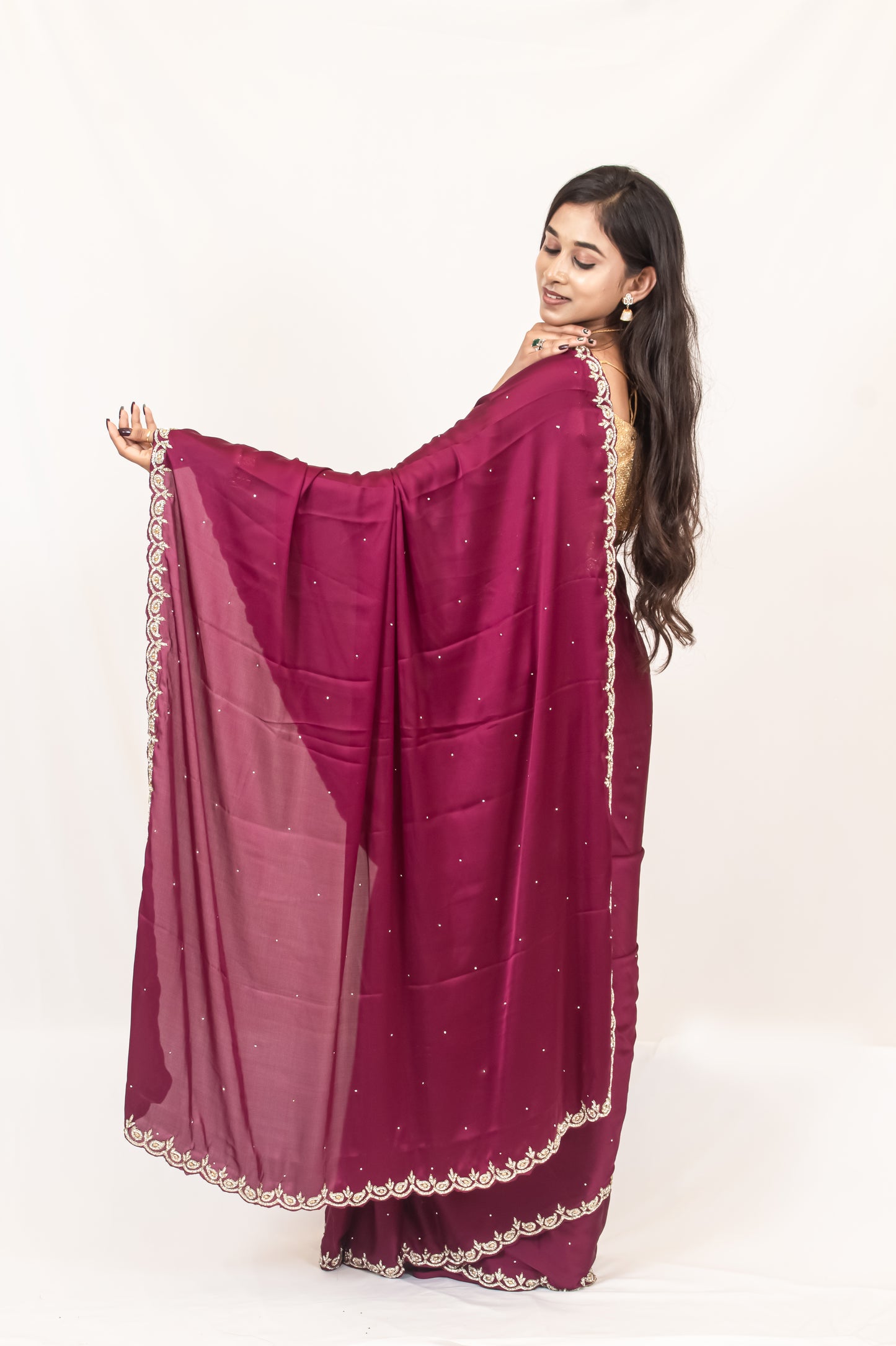 Elegance in Vine: Satin Crepe Saree with Exquisite Stonework Cutborder