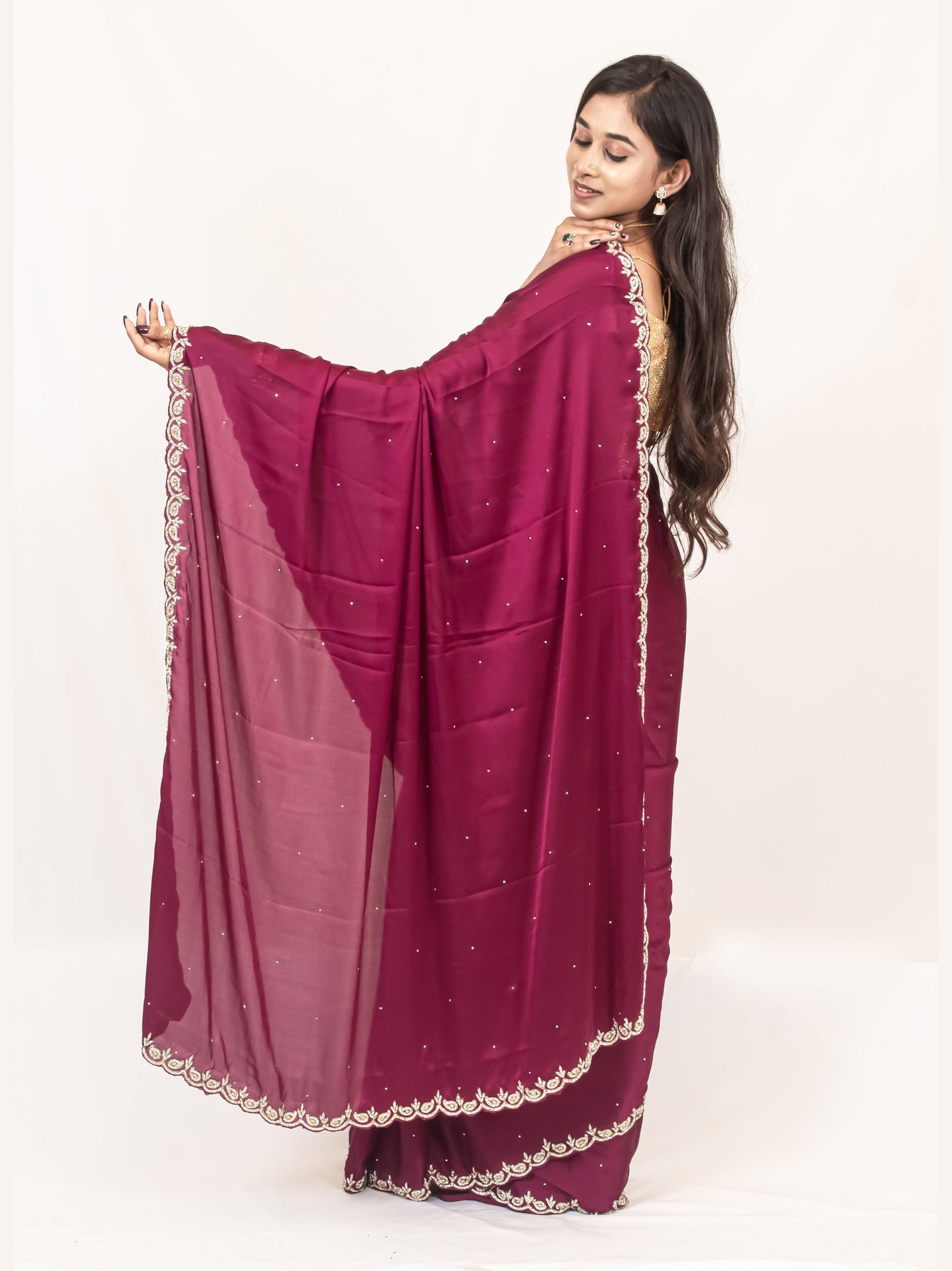 Elegance in Vine: Satin Crepe Saree with Exquisite Stonework Cutborder