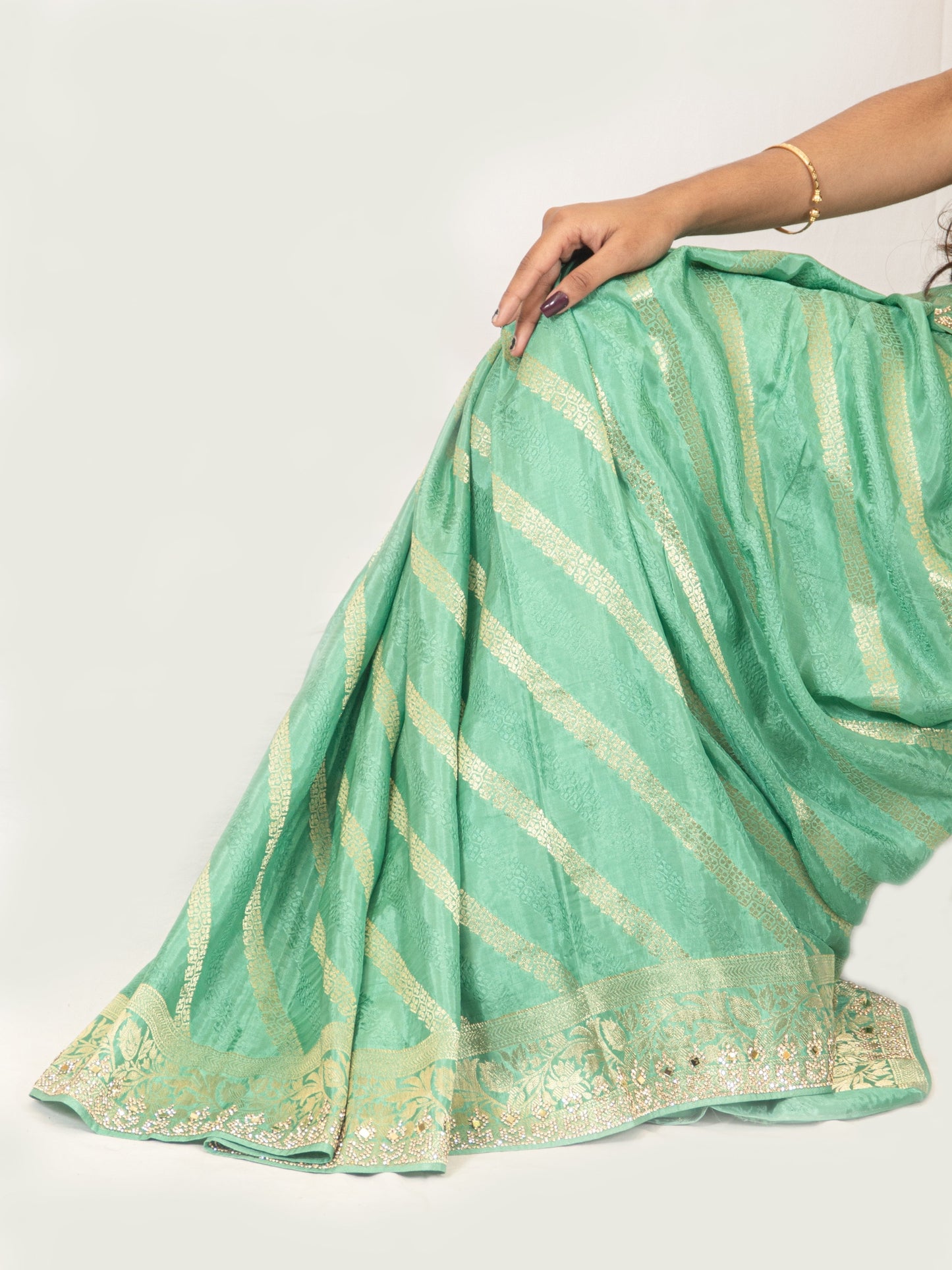 Elegant Pista Green Crape Silk Saree with Swarovski, Zari, and Mirror Work | Matching Blouse Included