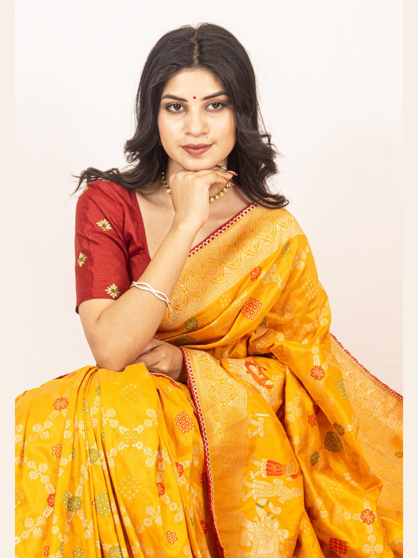 Traditional Dola Silk Mustard Yellow Ghatchola Saree with Rich Detailing