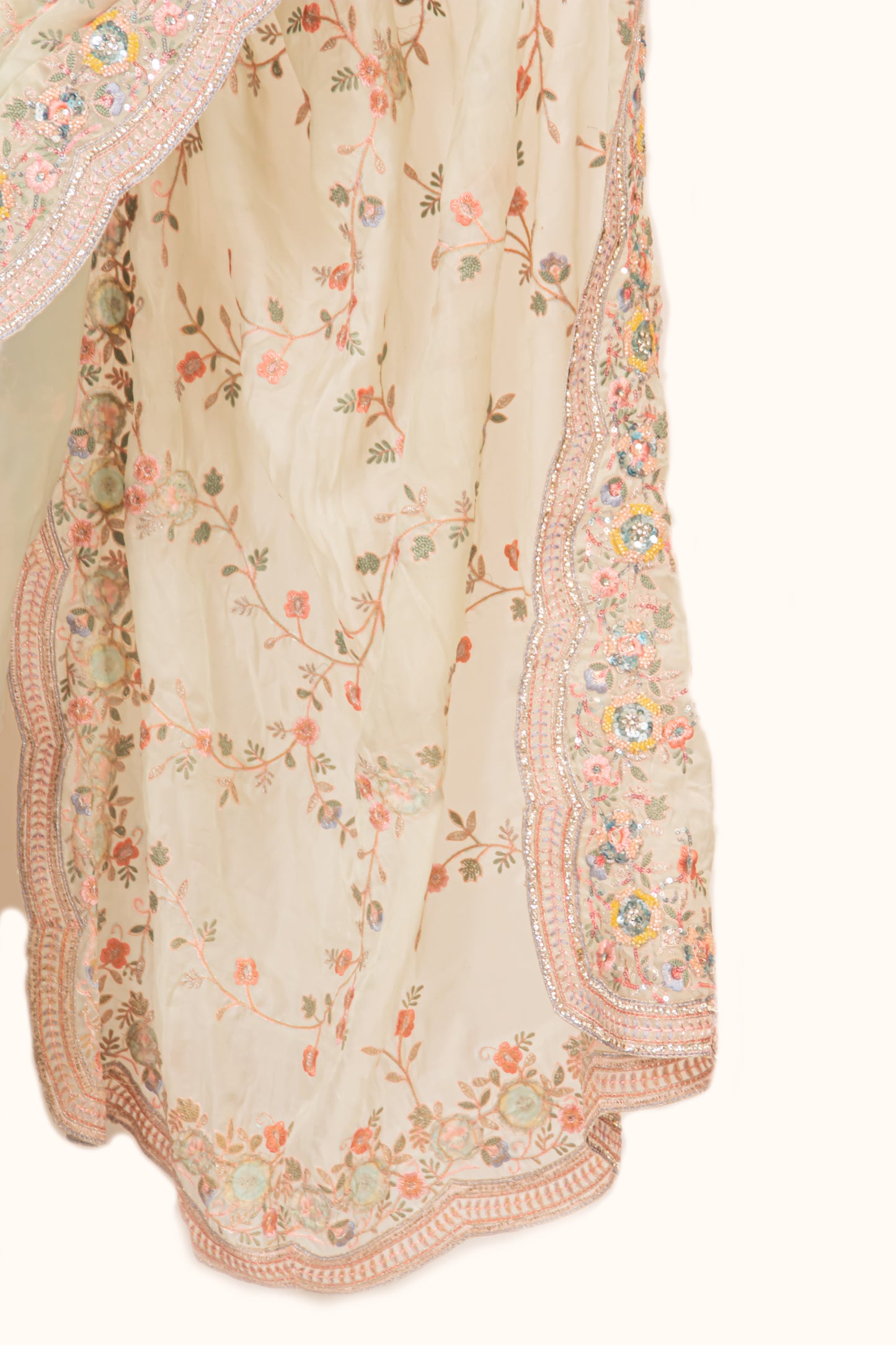 Cream White Saree with Floral Thread Work – Elegant & Timeless.