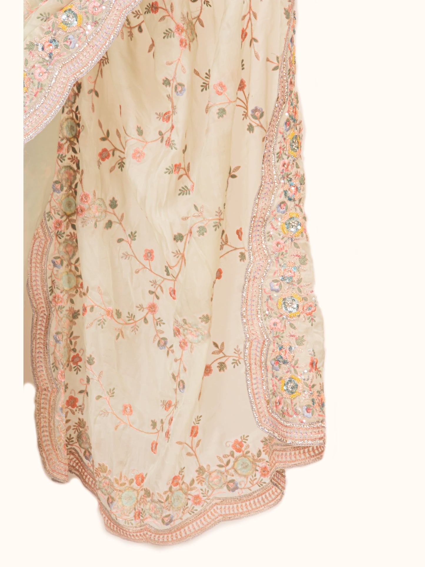 Cream White Saree with Floral Thread Work – Elegant & Timeless.