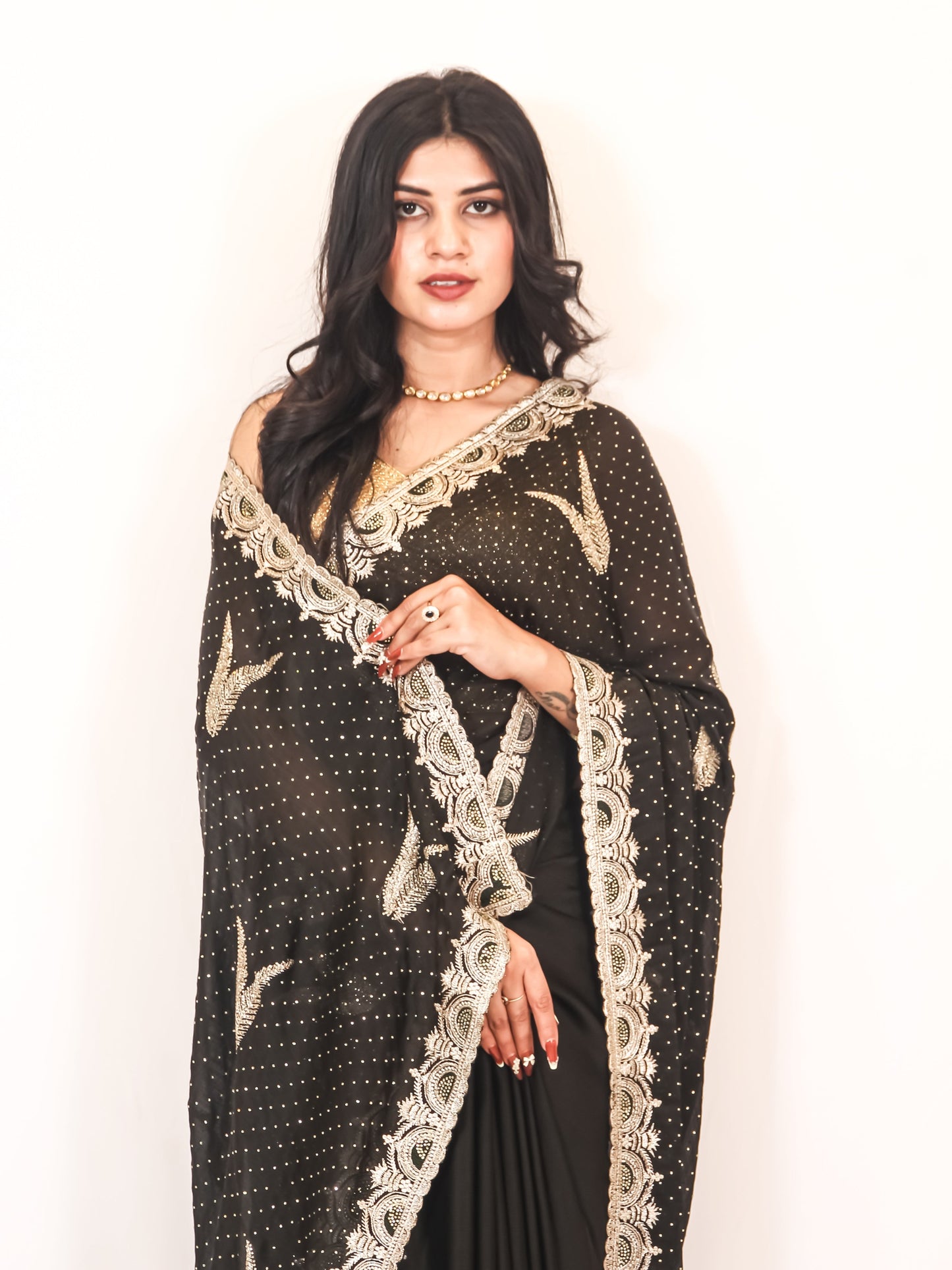 Black Crape Chiffon Saree with Zari Border & Stone Work – Stylish & Elegant