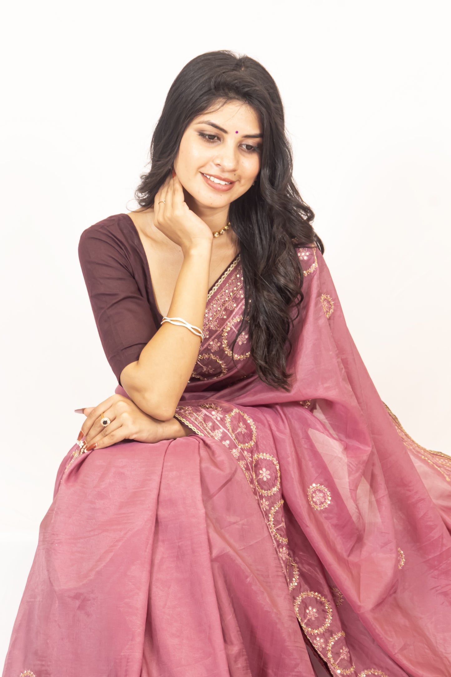 Glamorous Onion Pink Crush Chinon Chiffon Saree with Zari, Sequence & Cardana Accents