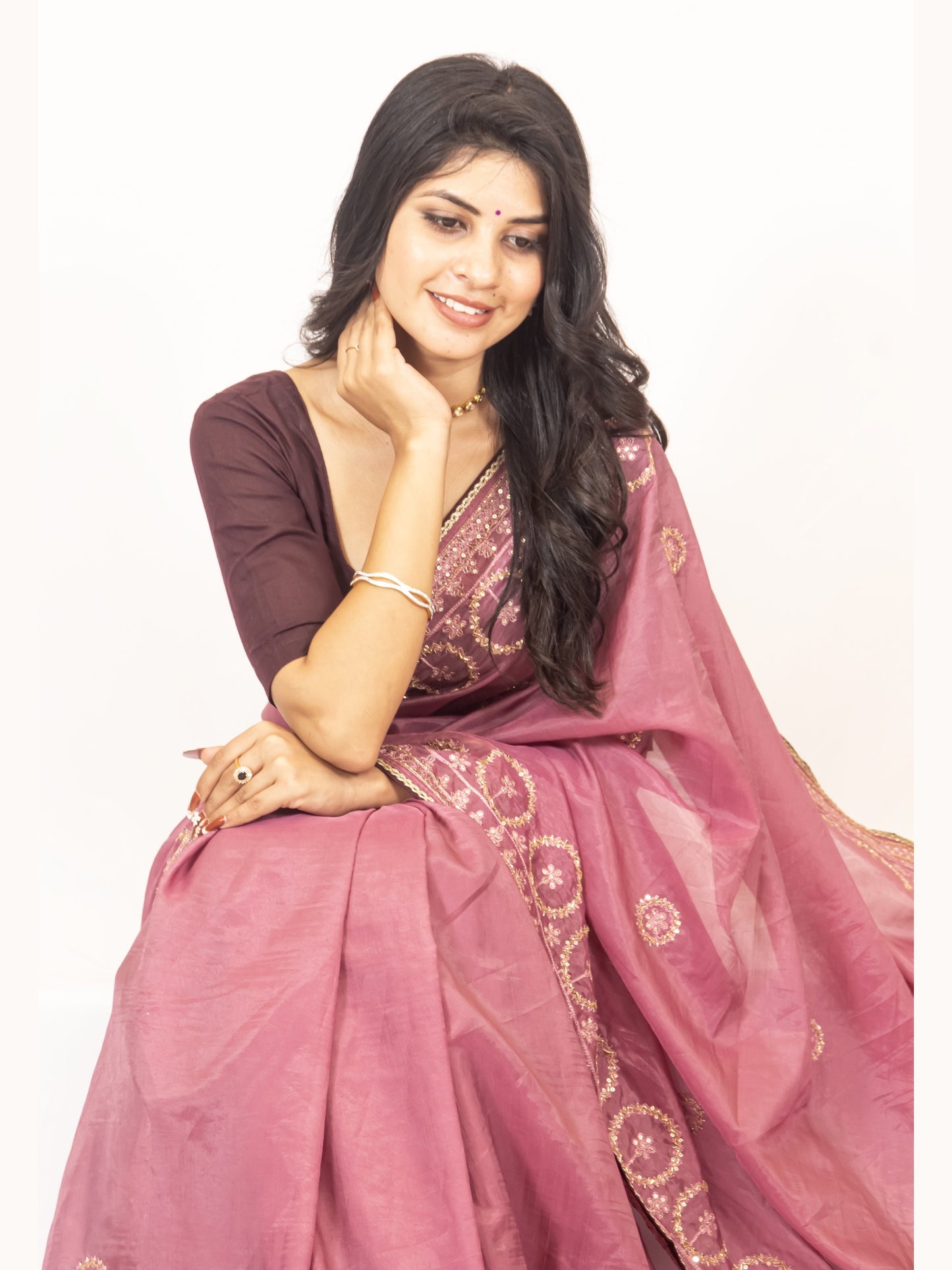 Glamorous Onion Pink Crush Chinon Chiffon Saree with Zari, Sequence & Cardana Accents