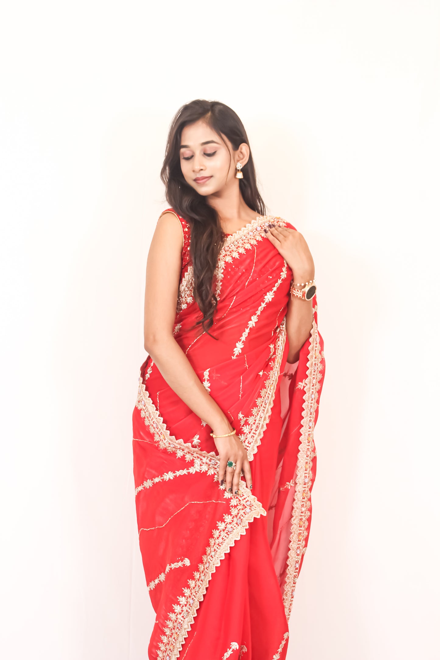 Deep Red Organza Saree with Golden Zari & Stone Work, Baby Pink Blouse
