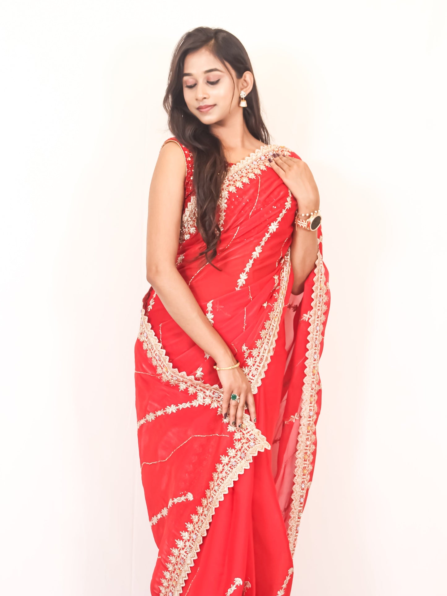 Deep Red Organza Saree with Golden Zari & Stone Work, Baby Pink Blouse