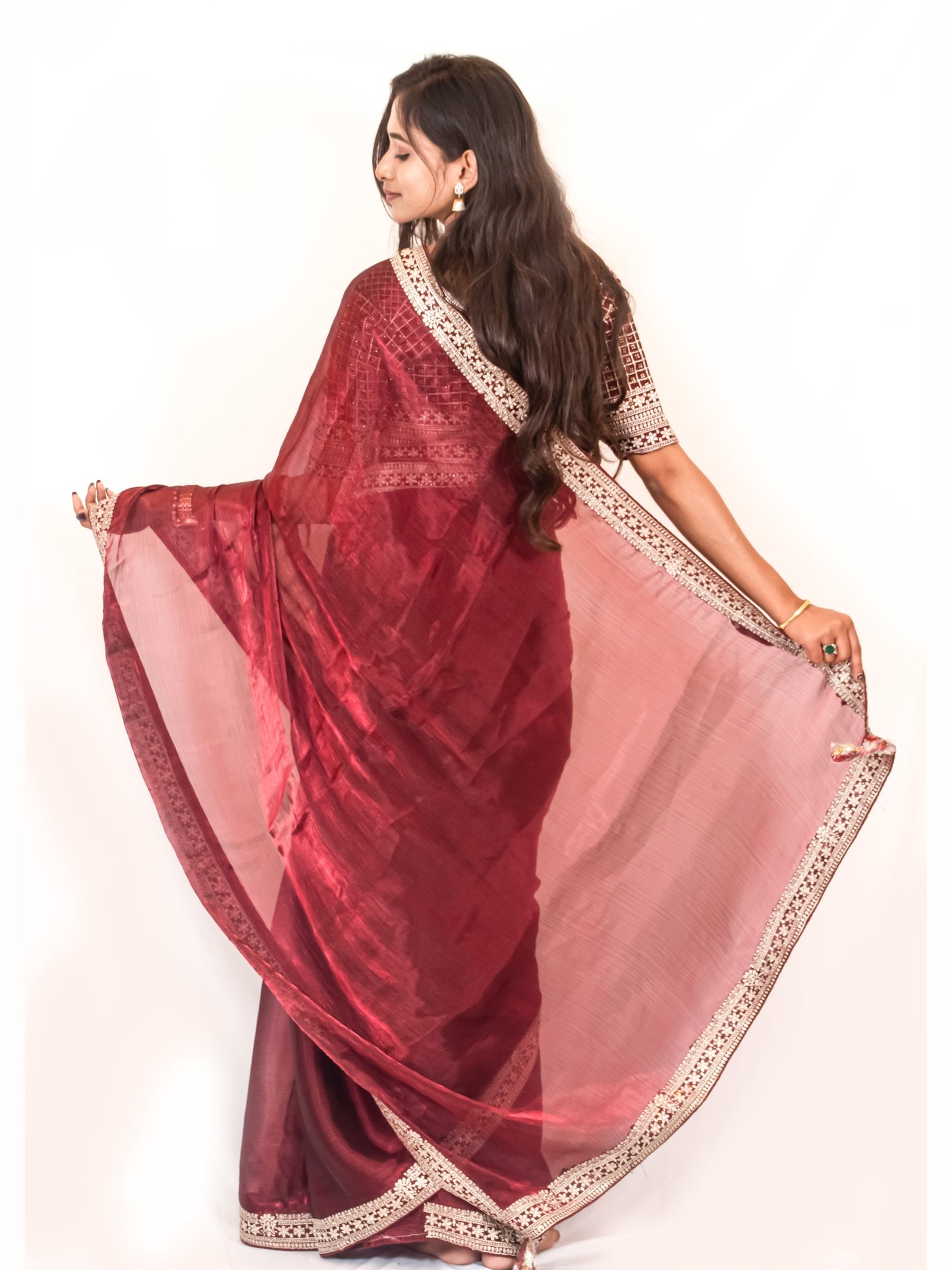 Classic Maroon Chinon Chiffon Saree with Premium Heavy Blouse