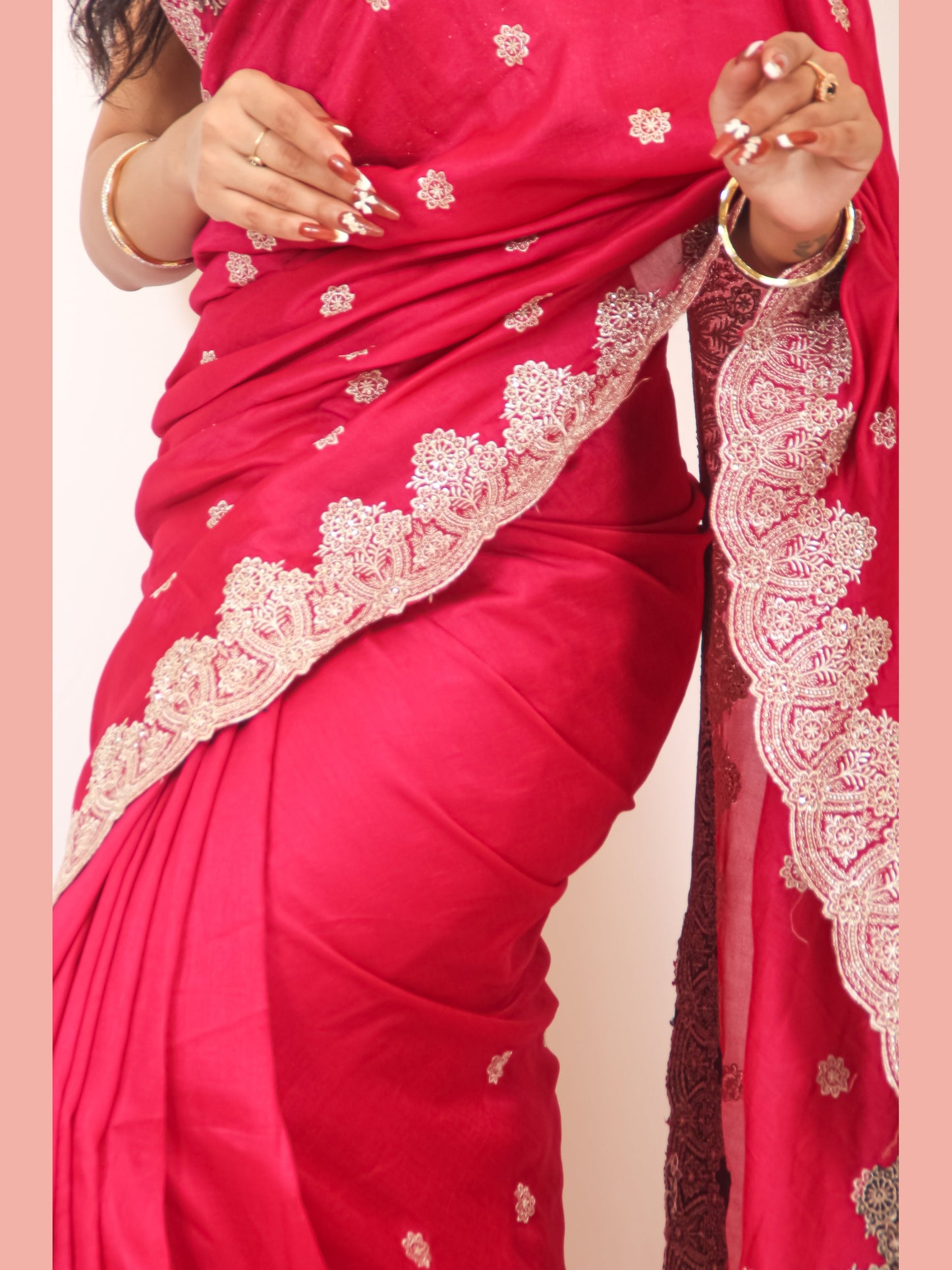 Elegant Rani Pink Vichitra Silk Saree with Golden Zari and Bota Detailing