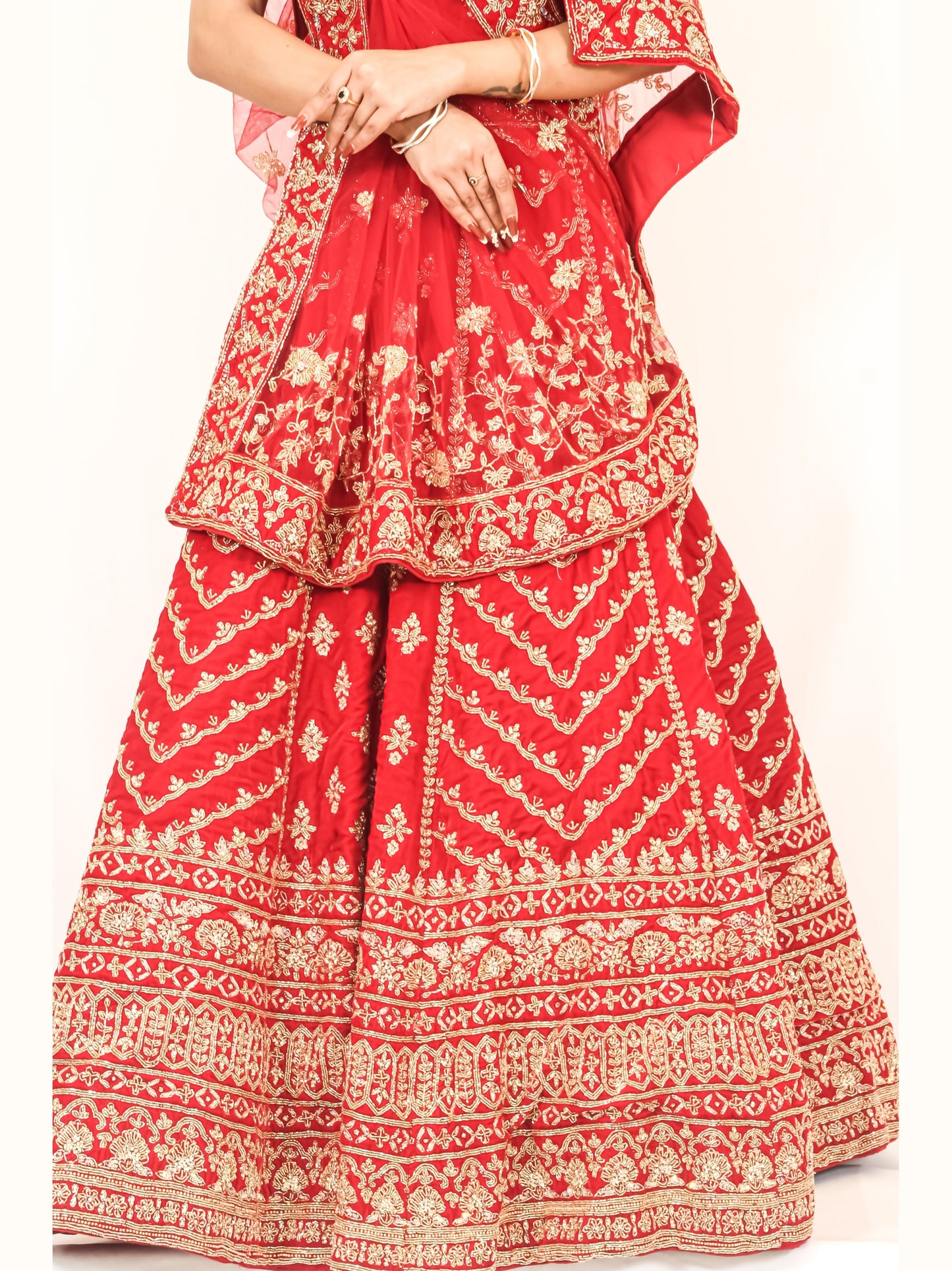 Luxury Red Bridal Lehenga with Golden Zari Embroidery