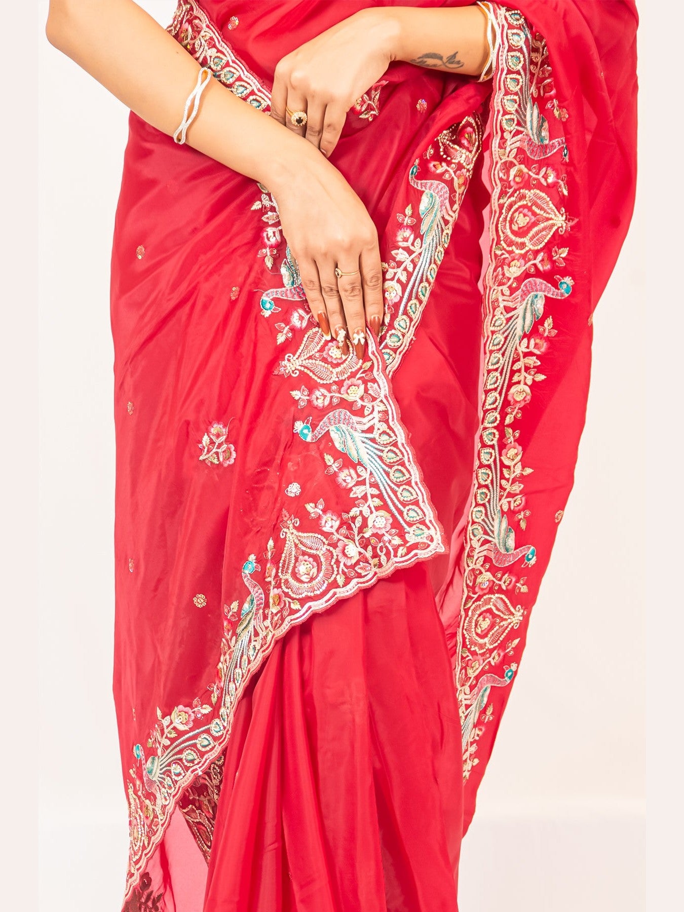 Radiant Red Organza Saree with Beautiful Thread & Zarkan Embroidery