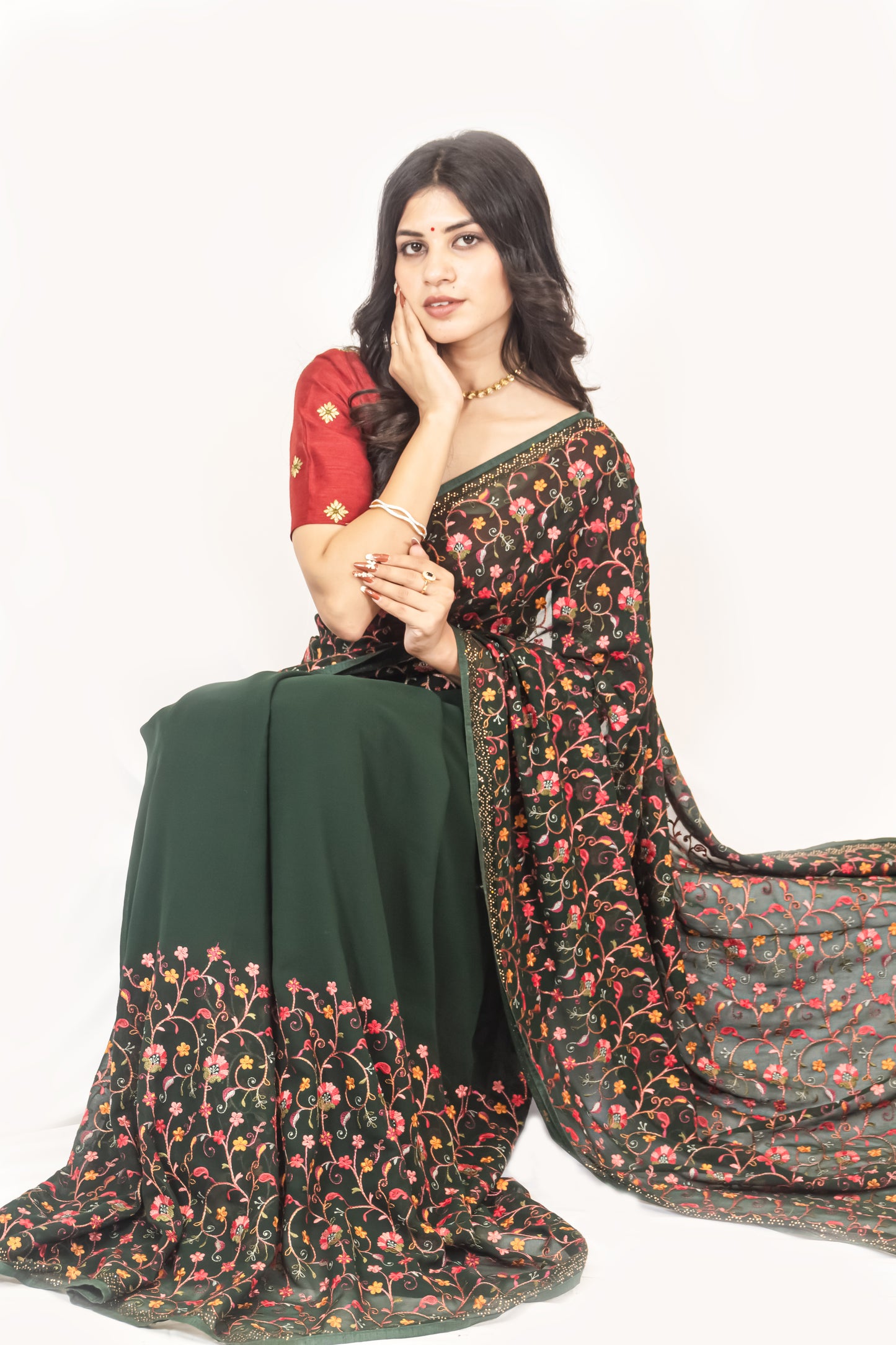 Sophisticated Bottle Green Georgette Saree with Resham & Swarovski