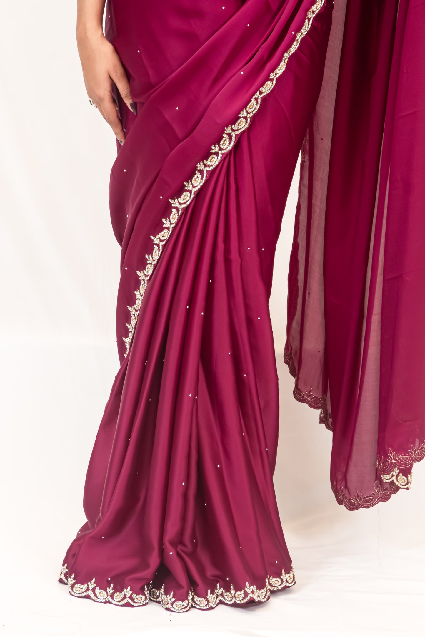 Elegance in Vine: Satin Crepe Saree with Exquisite Stonework Cutborder