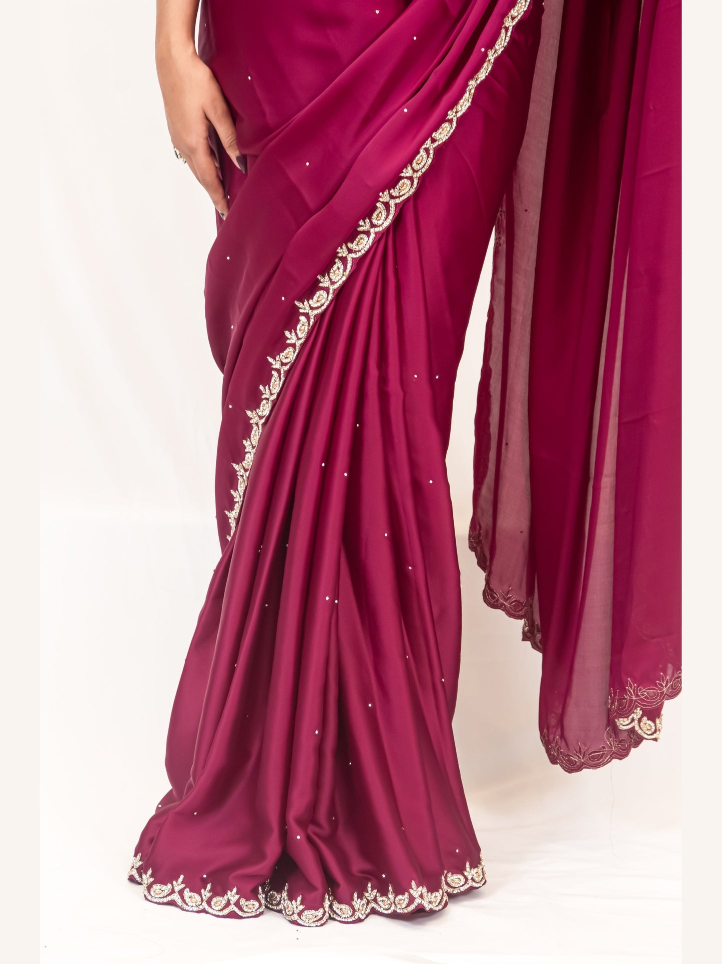 Elegance in Vine: Satin Crepe Saree with Exquisite Stonework Cutborder
