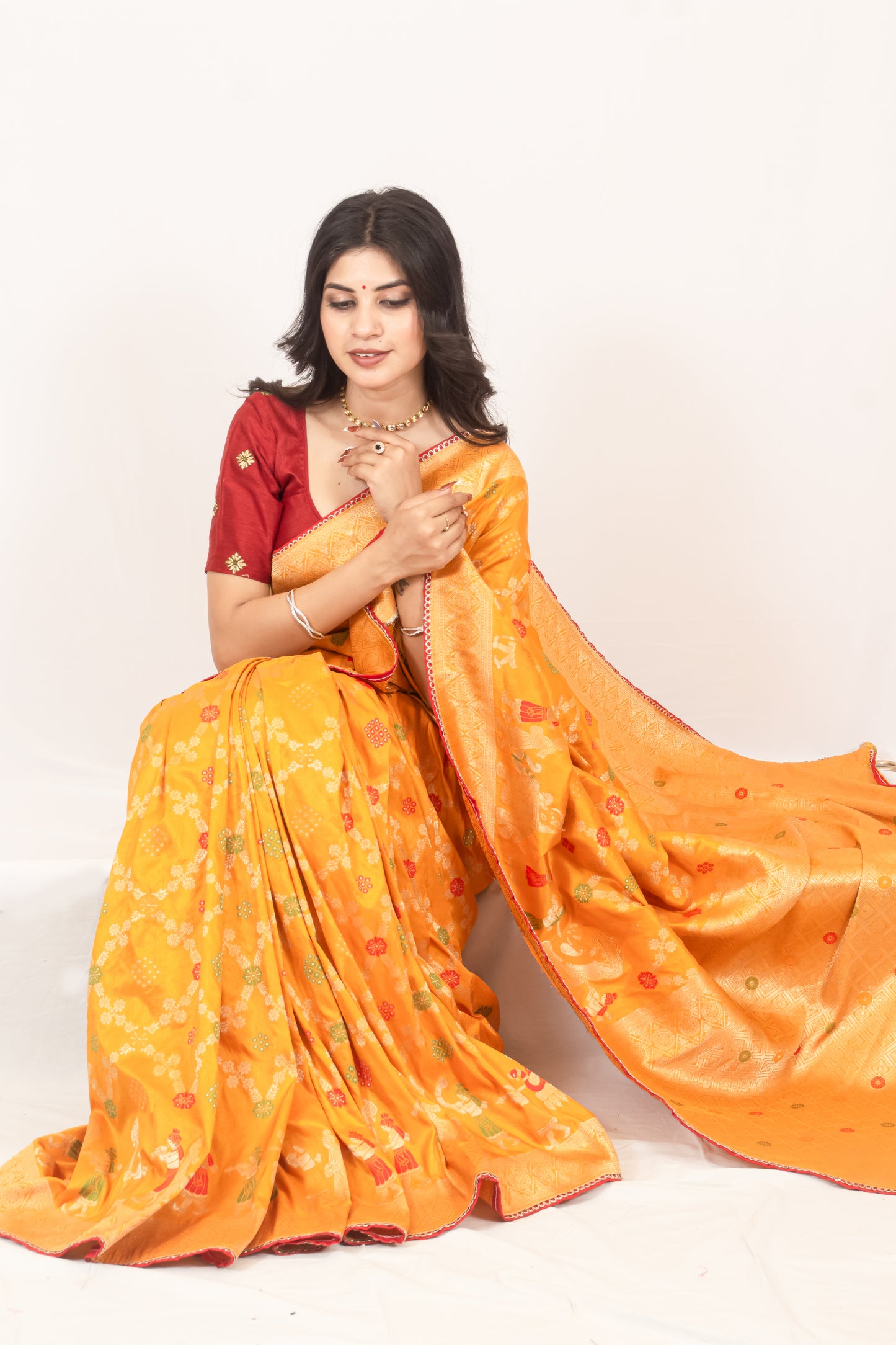 Traditional Dola Silk Mustard Yellow Ghatchola Saree with Rich Detailing