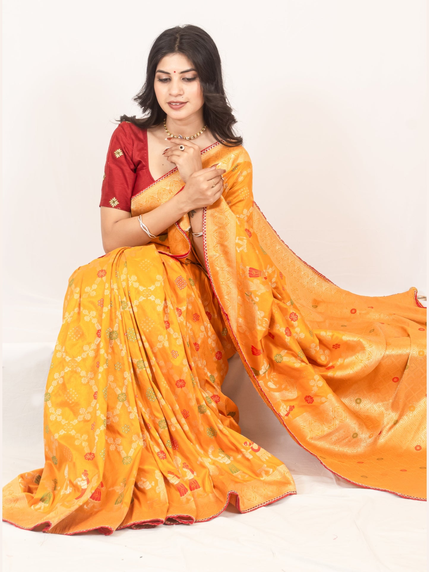 Traditional Dola Silk Mustard Yellow Ghatchola Saree with Rich Detailing
