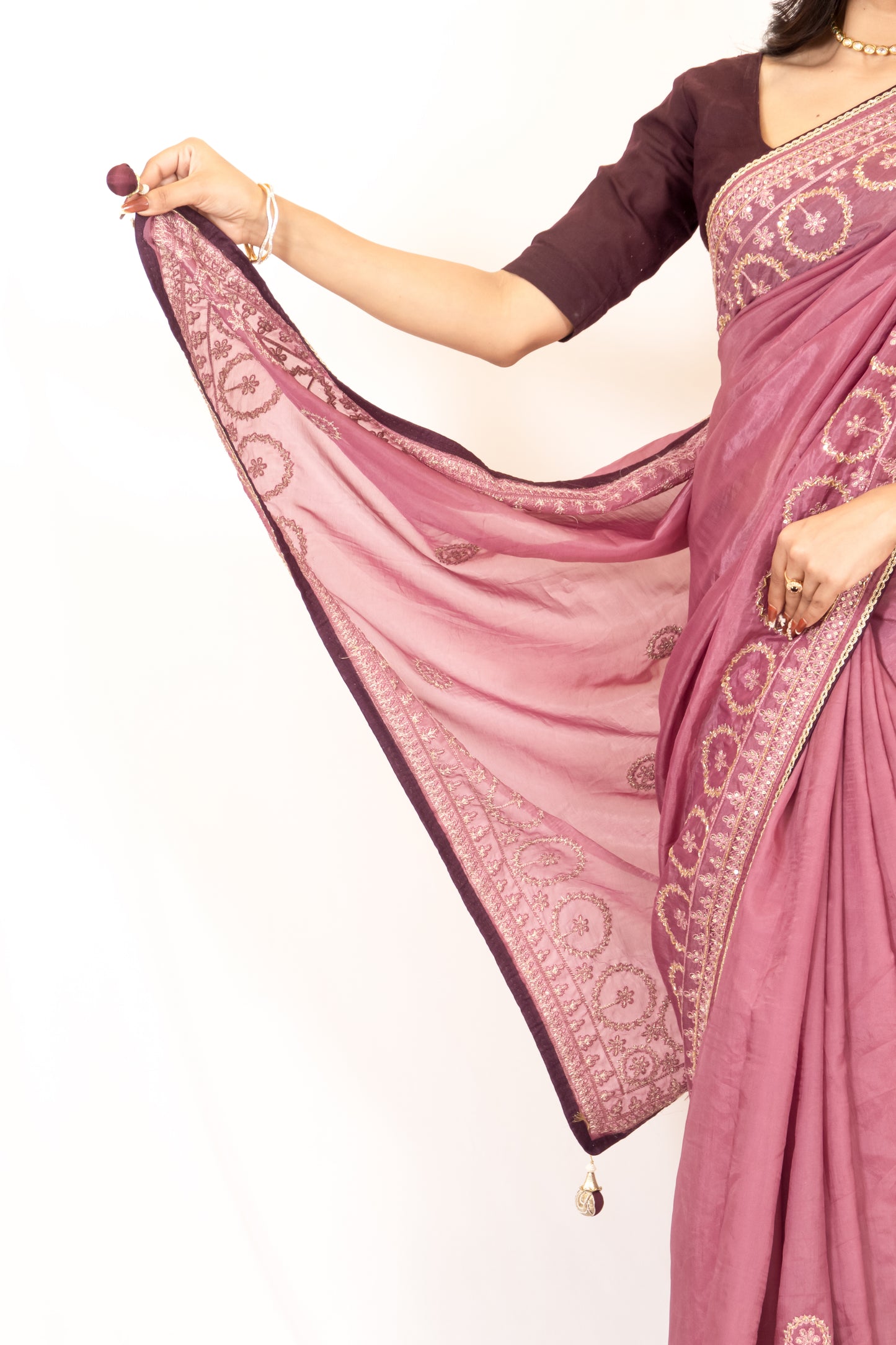 Glamorous Onion Pink Crush Chinon Chiffon Saree with Zari, Sequence & Cardana Accents