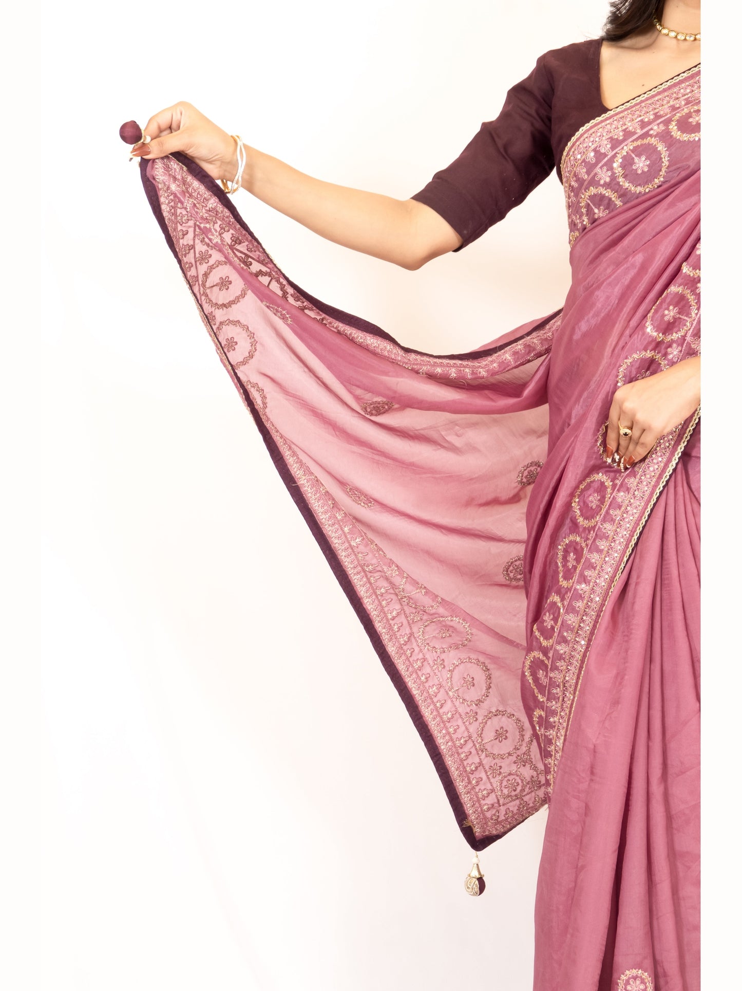 Glamorous Onion Pink Crush Chinon Chiffon Saree with Zari, Sequence & Cardana Accents
