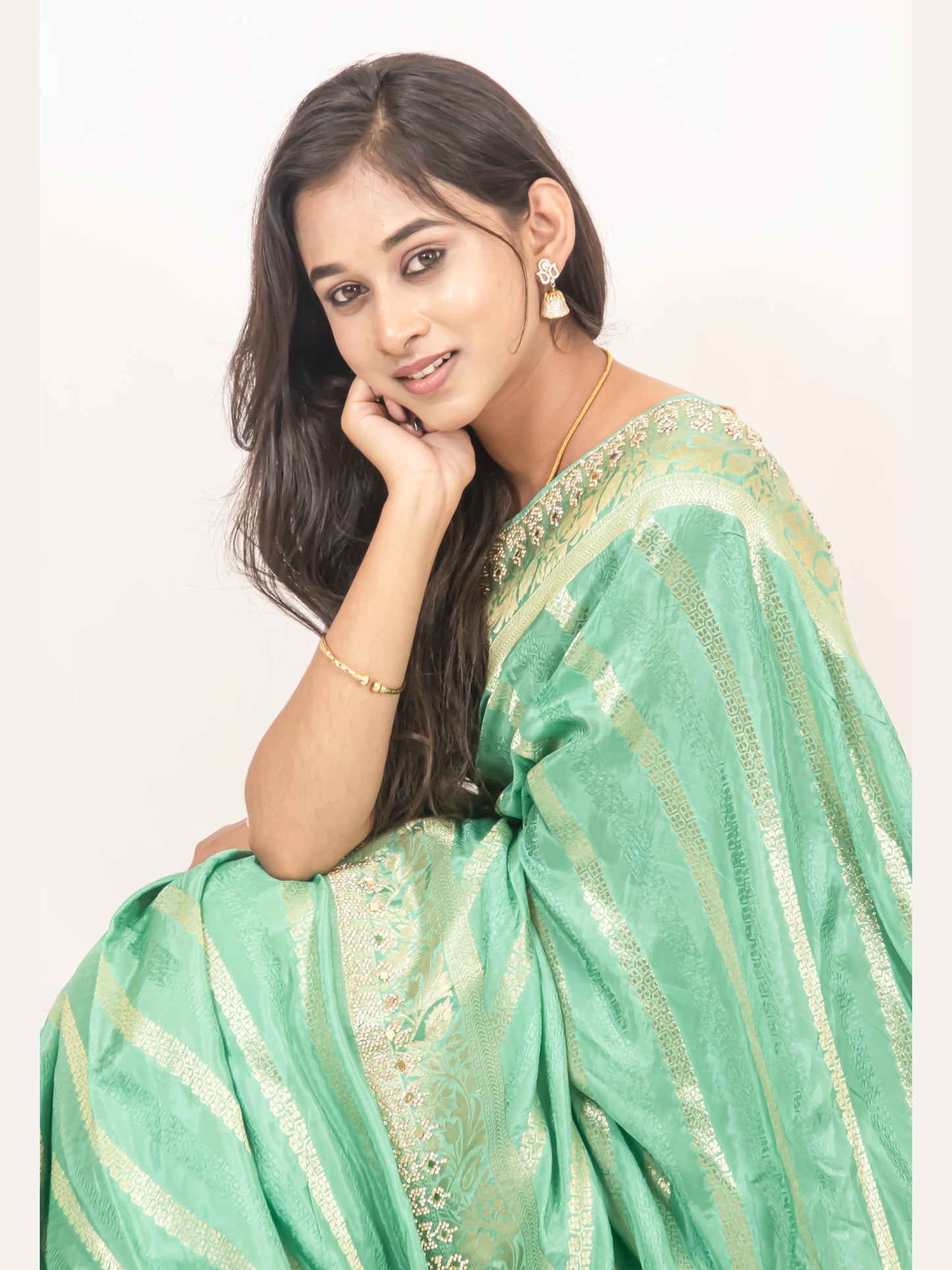 Elegant Pista Green Crape Silk Saree with Swarovski, Zari, and Mirror Work | Matching Blouse Included