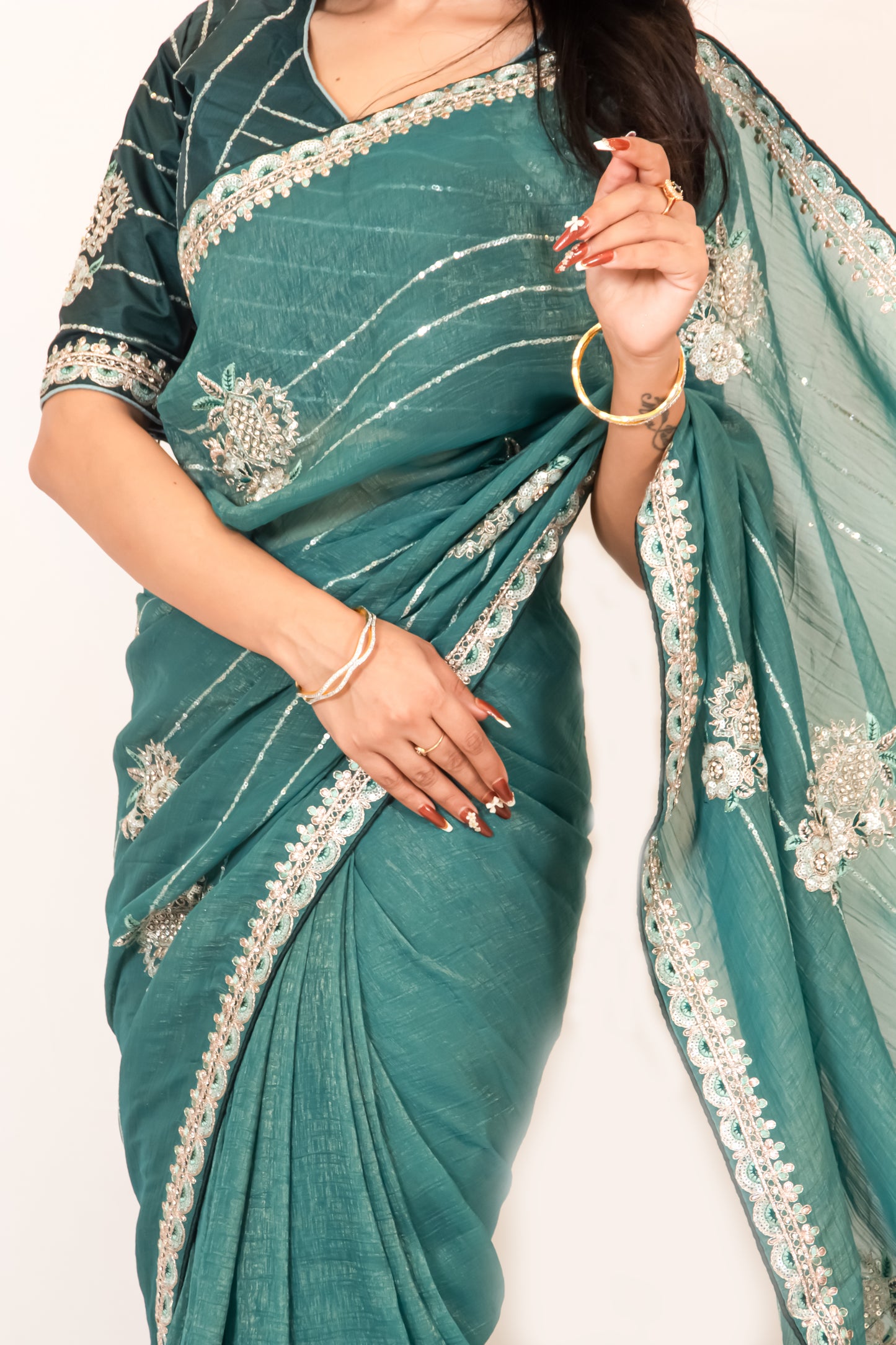 Rama Green Organza Saree with Zari & Stone Detailing, Comes with Ready-Made Blouse