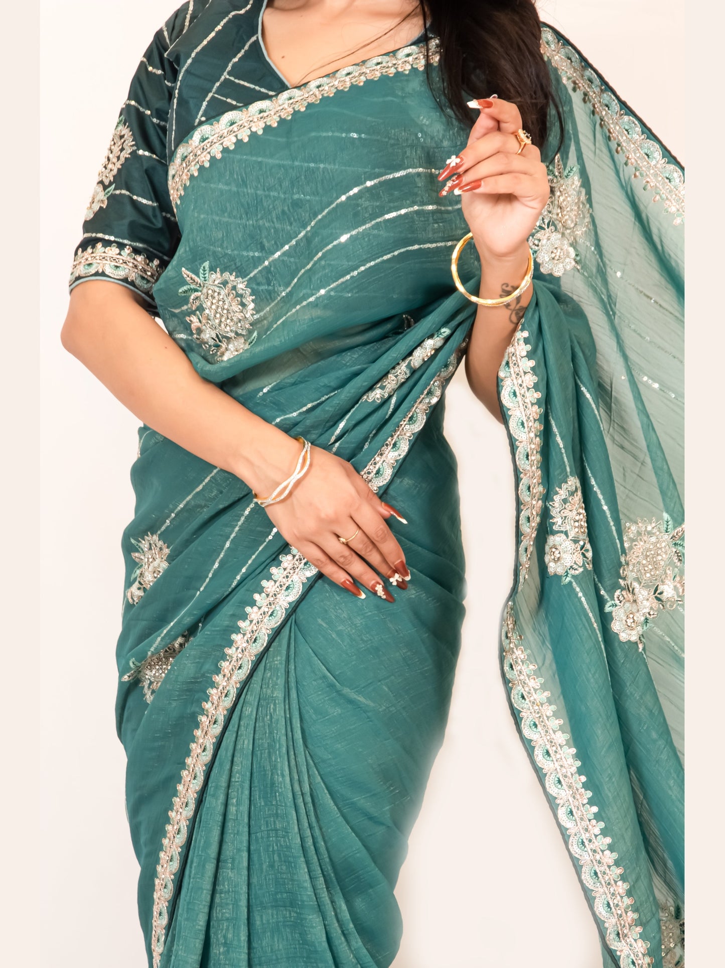 Rama Green Organza Saree with Zari & Stone Detailing, Comes with Ready-Made Blouse