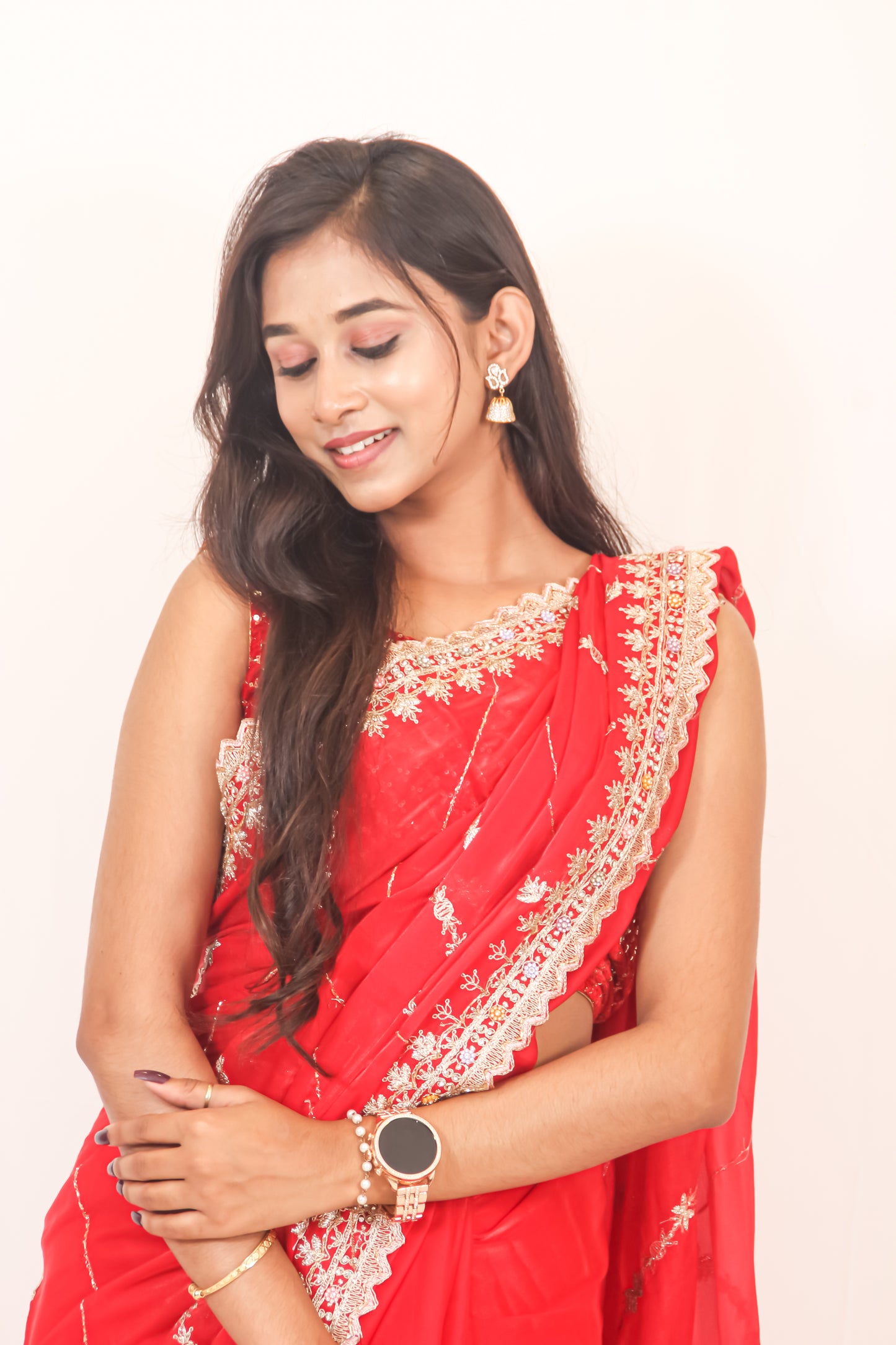 Deep Red Organza Saree with Golden Zari & Stone Work, Baby Pink Blouse