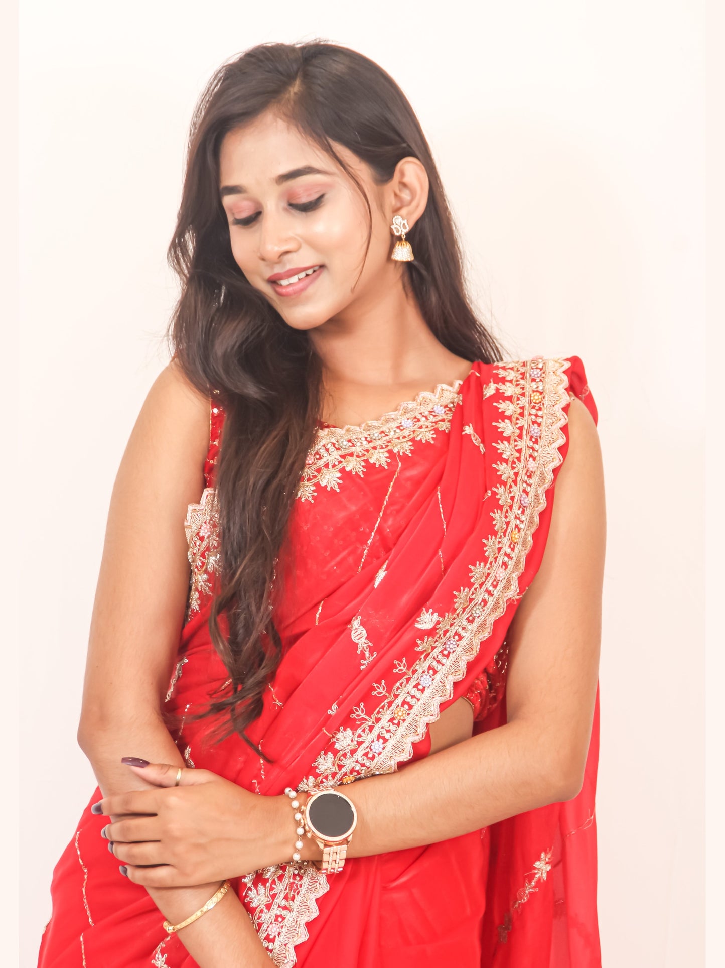 Deep Red Organza Saree with Golden Zari & Stone Work, Baby Pink Blouse