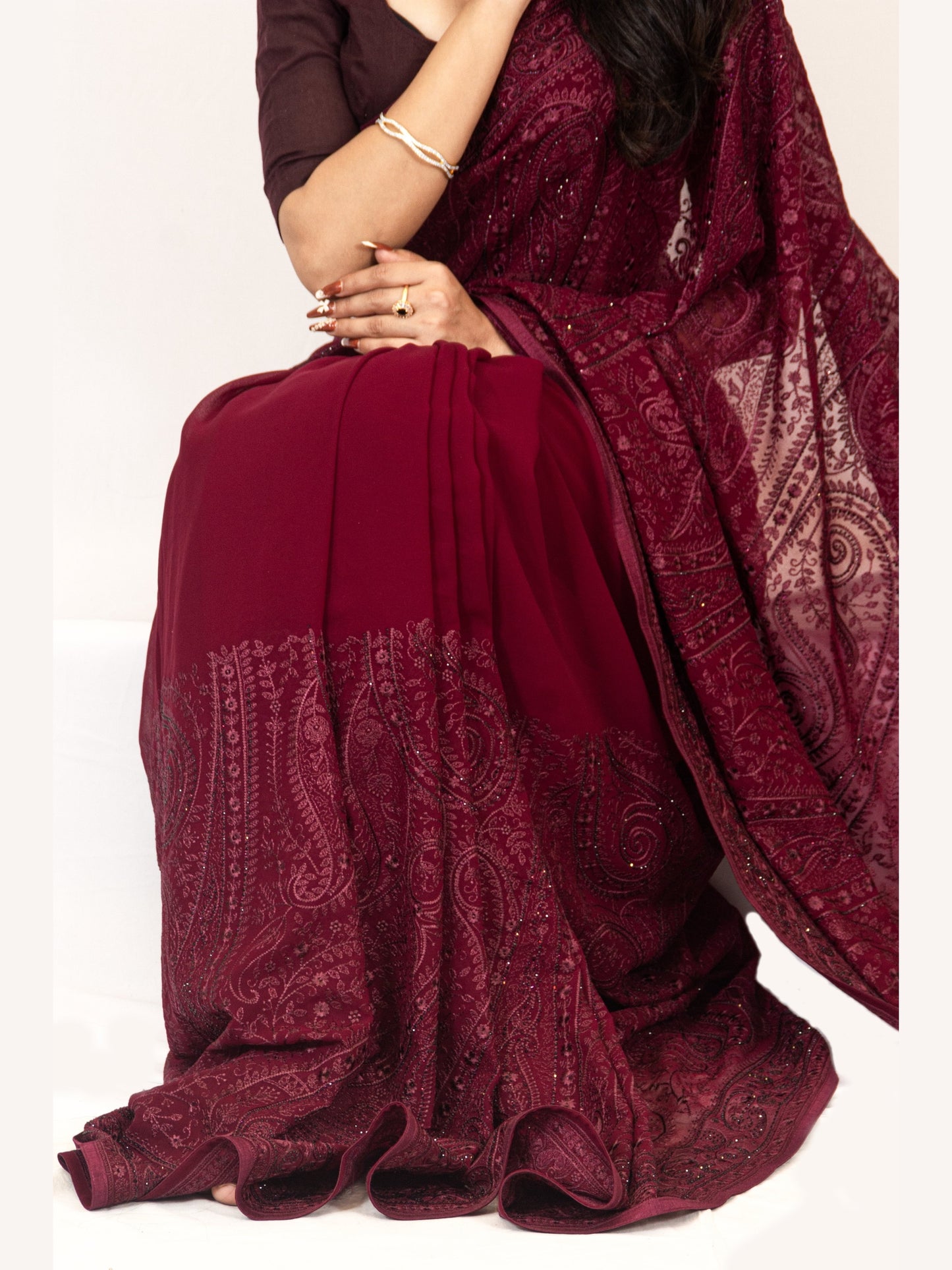 Exquisite Wine Georgette Saree with Resham Work & Swarovski Embellishments