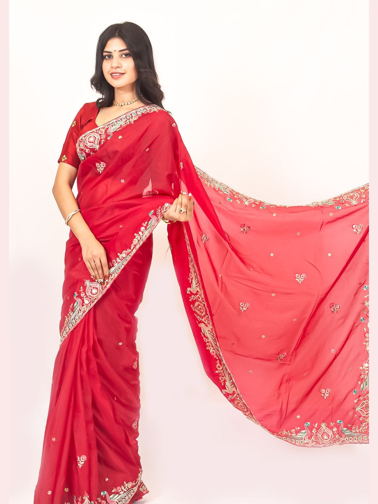 Radiant Red Organza Saree with Beautiful Thread & Zarkan Embroidery