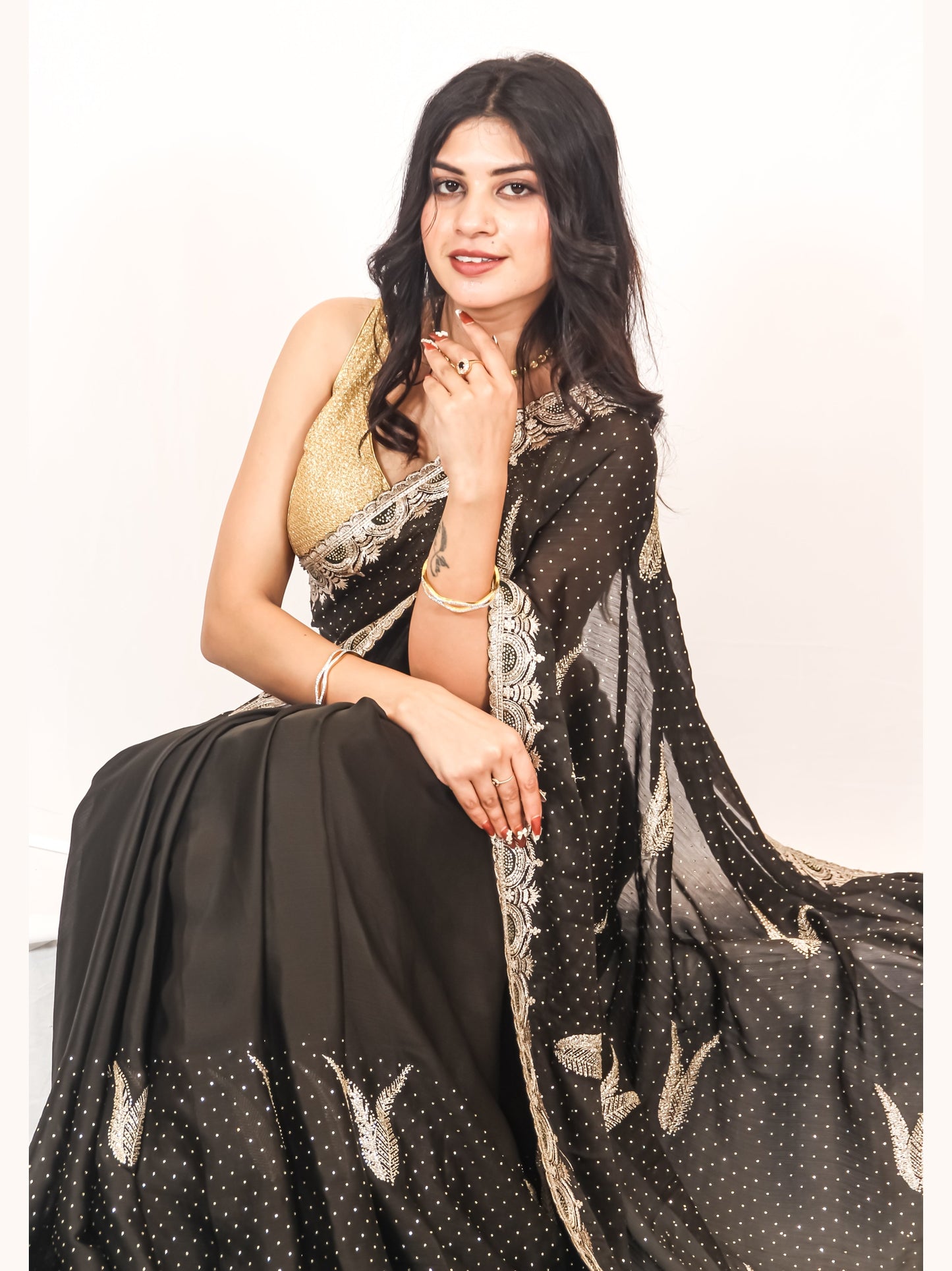 Black Crape Chiffon Saree with Zari Border & Stone Work – Stylish & Elegant