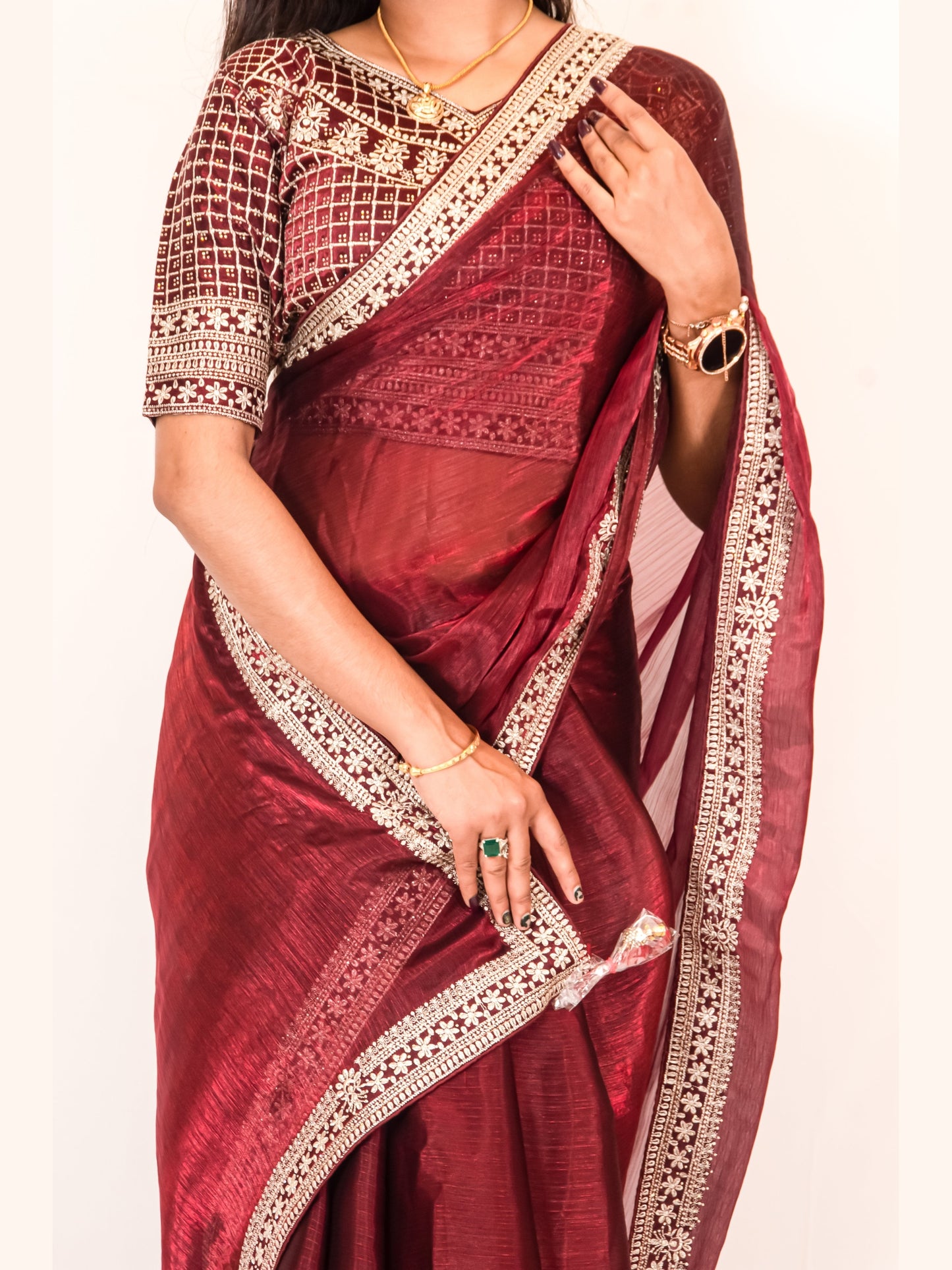 Classic Maroon Chinon Chiffon Saree with Premium Heavy Blouse