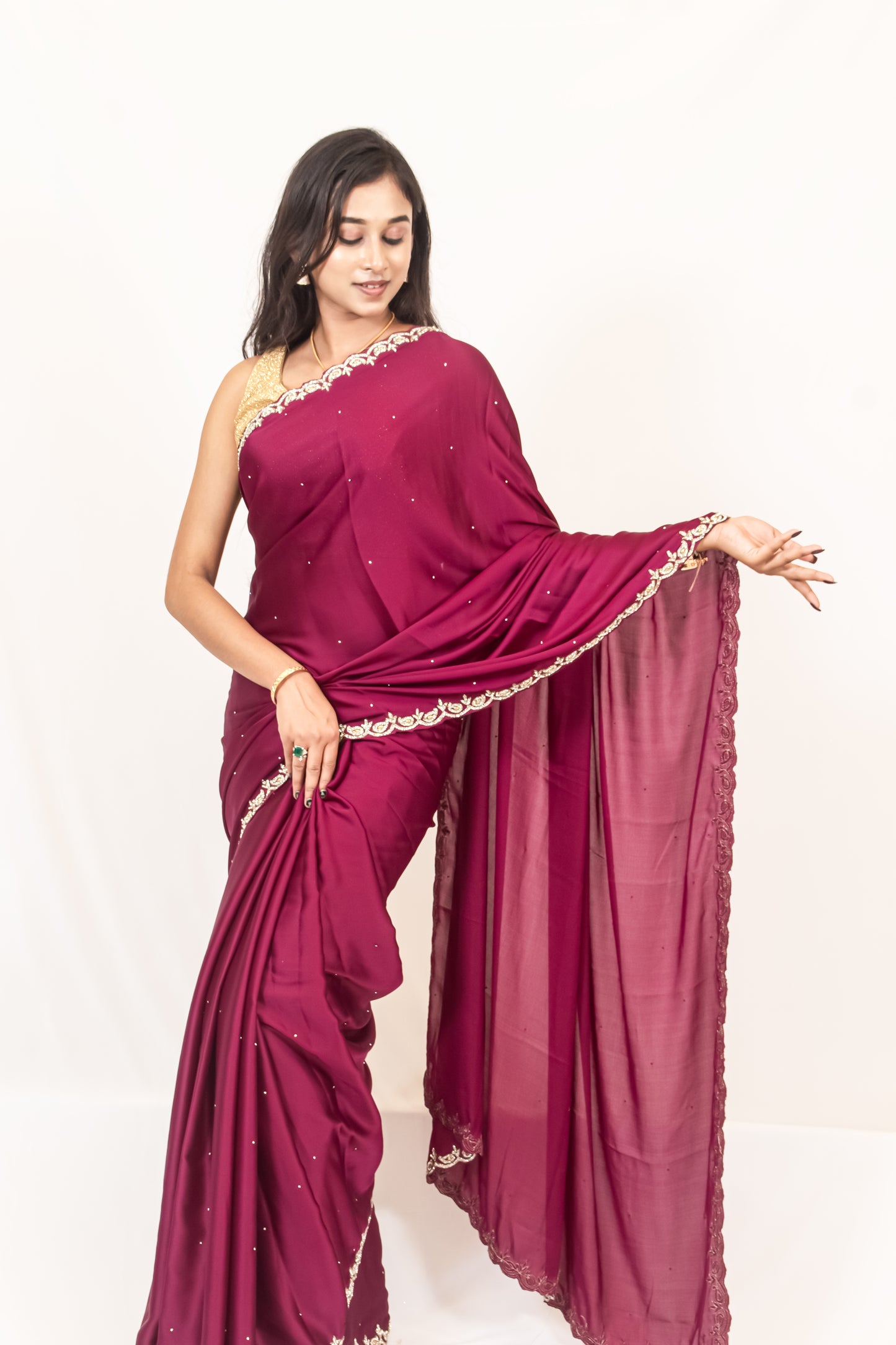 Elegance in Vine: Satin Crepe Saree with Exquisite Stonework Cutborder