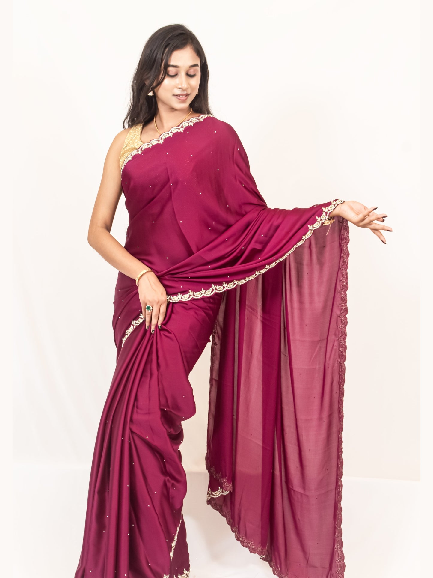 Elegance in Vine: Satin Crepe Saree with Exquisite Stonework Cutborder